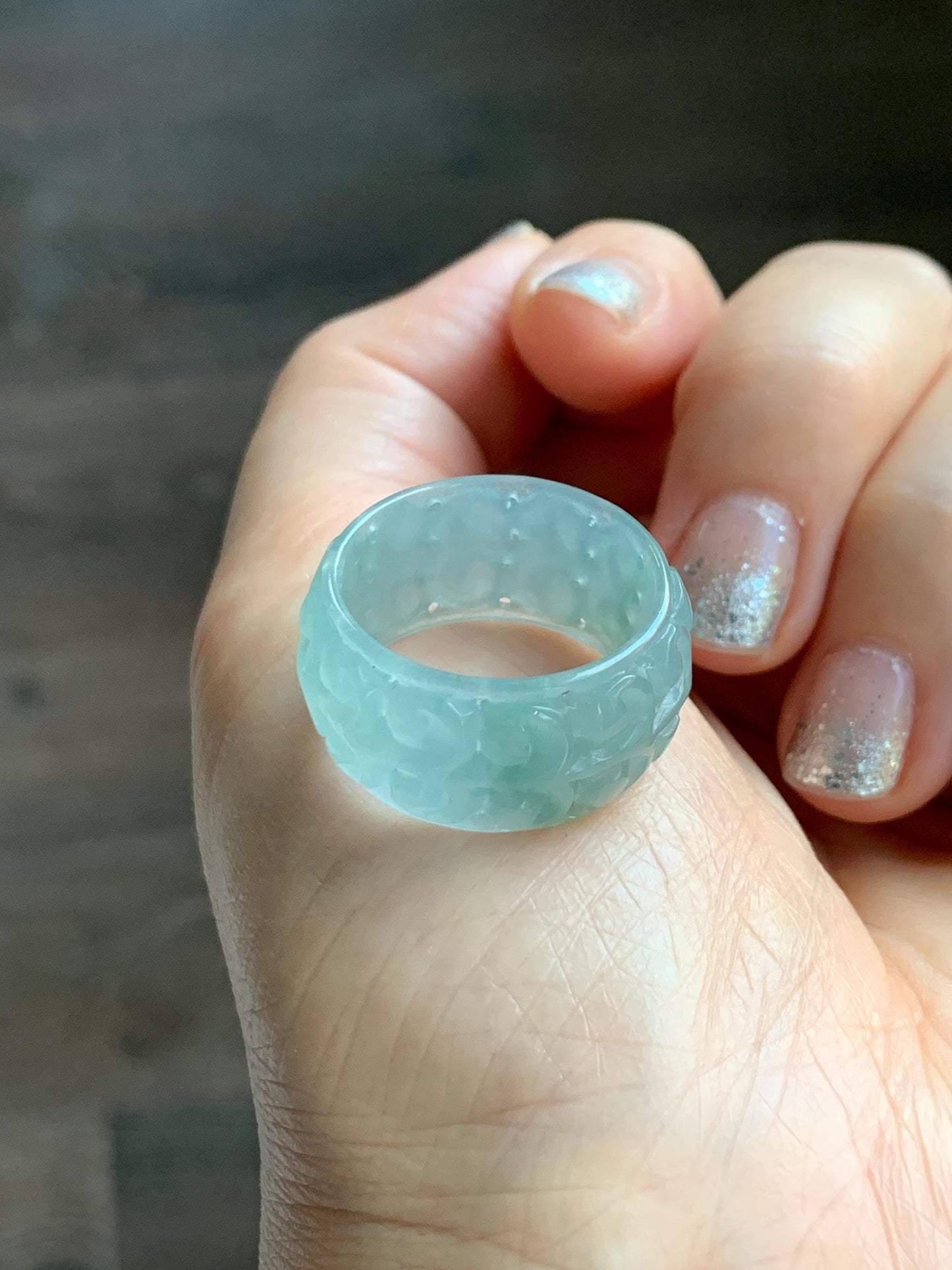 Natural Grade A Guatemalan Icy Translucent Pastel Dusty Blue Jade Jadeite Openwork Engraved Band Ring Size 10.25 US 天然冰危淡蓝飘花翡翠镂空雕戒圈 LK330B