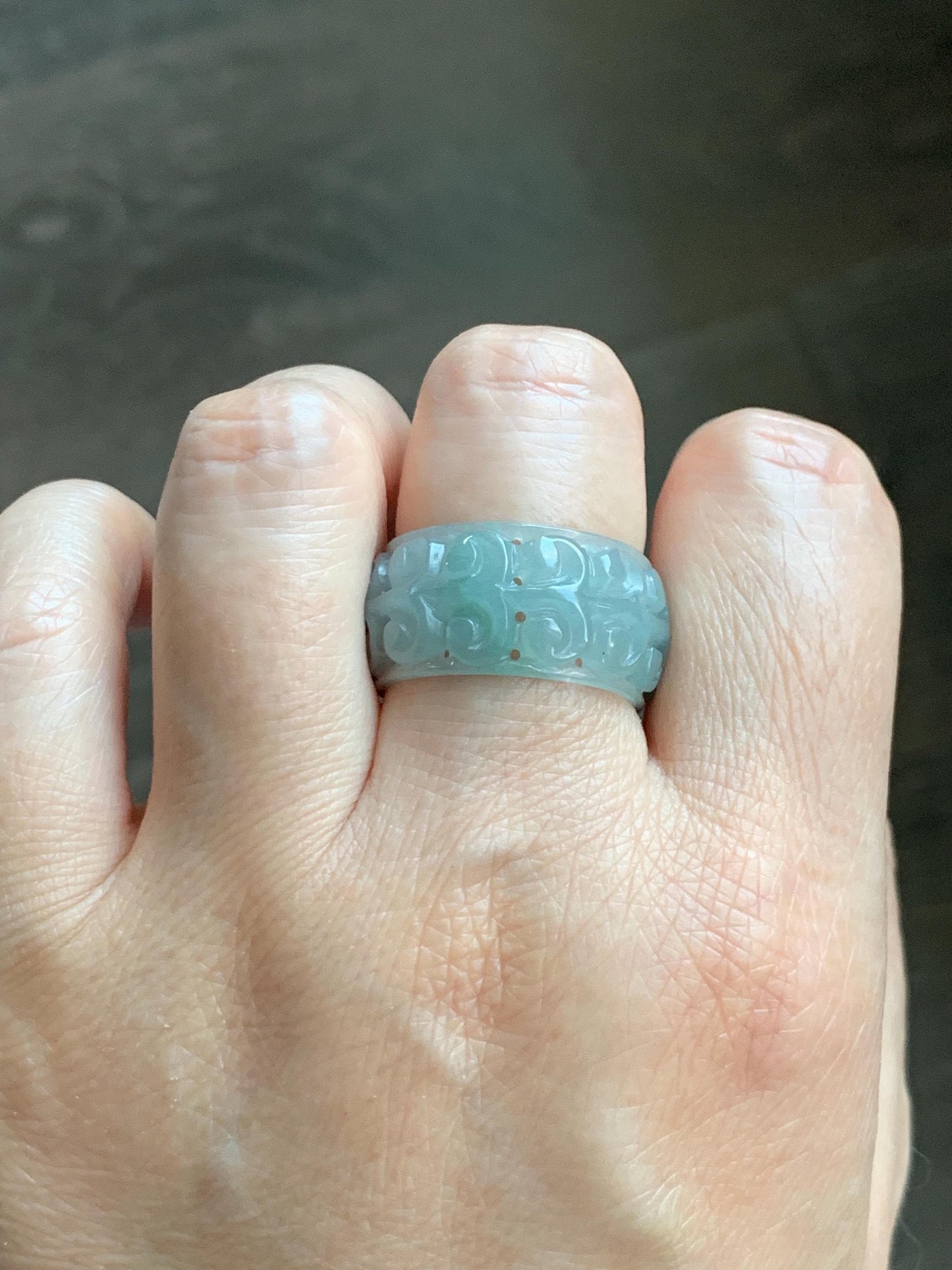 Natural Grade A Guatemalan Icy Translucent Pastel Dusty Blue Jade Jadeite Openwork Engraved Band Ring Size 10.25 US 天然冰危淡蓝飘花翡翠镂空雕戒圈 LK330B