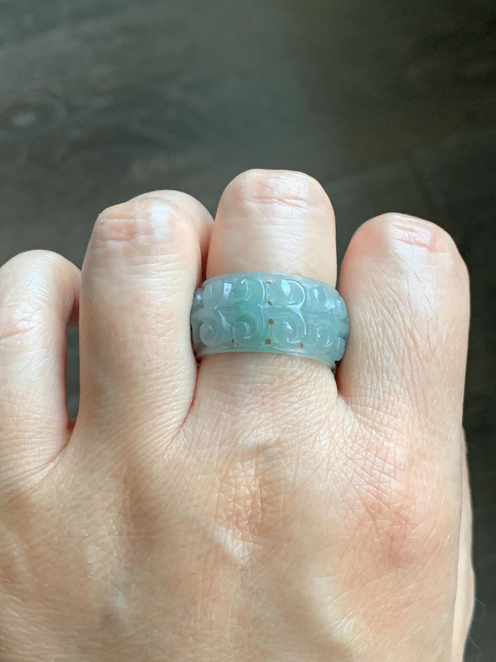 Natural Grade A Guatemalan Icy Translucent Pastel Dusty Blue Jade Jadeite Openwork Engraved Band Ring Size 10.25 US 天然冰危淡蓝飘花翡翠镂空雕戒圈 LK330B