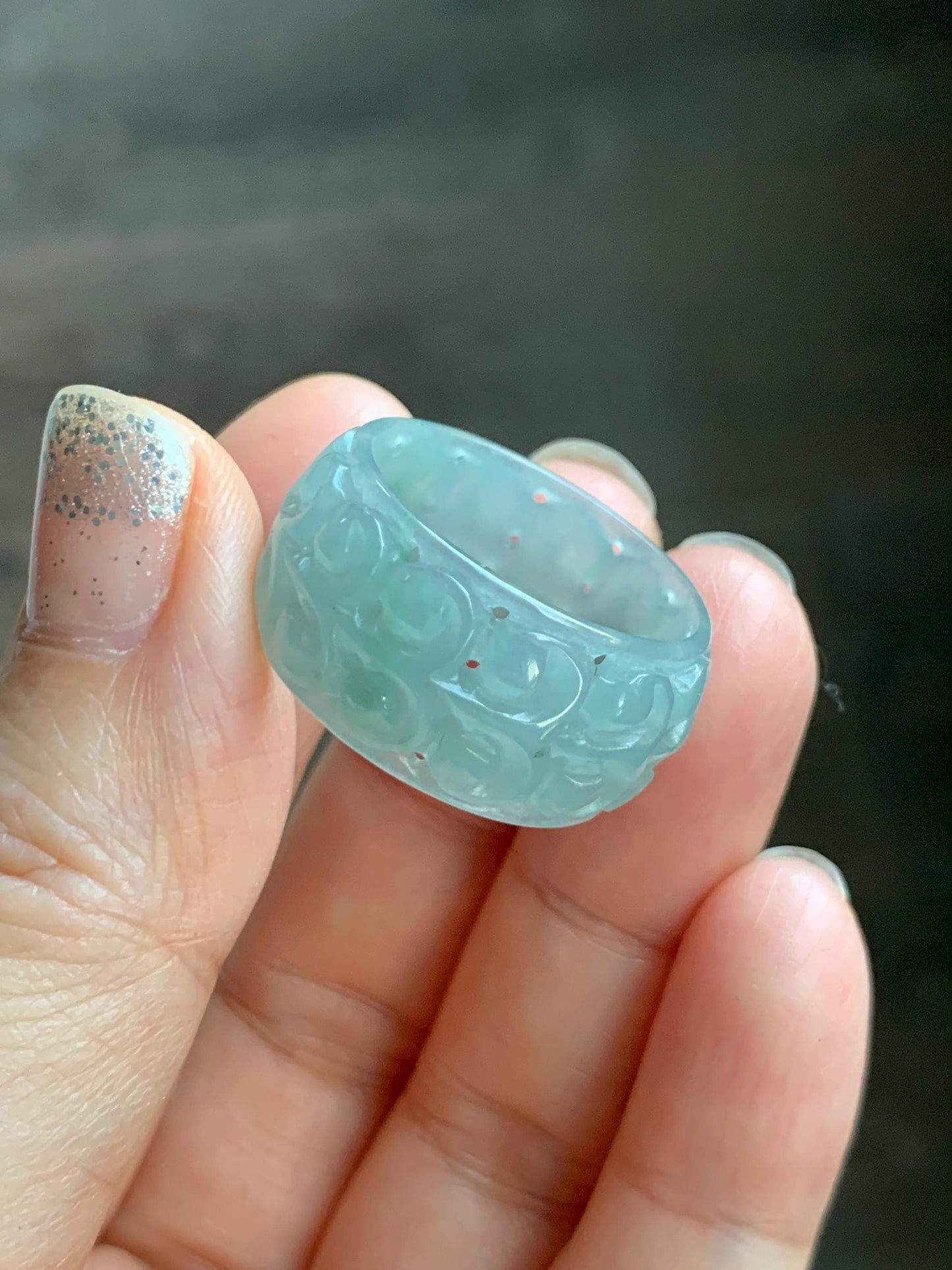 Natural Grade A Guatemalan Icy Translucent Pastel Dusty Blue Jade Jadeite Openwork Engraved Band Ring Size 10.25 US 天然冰危淡蓝飘花翡翠镂空雕戒圈 LK330B