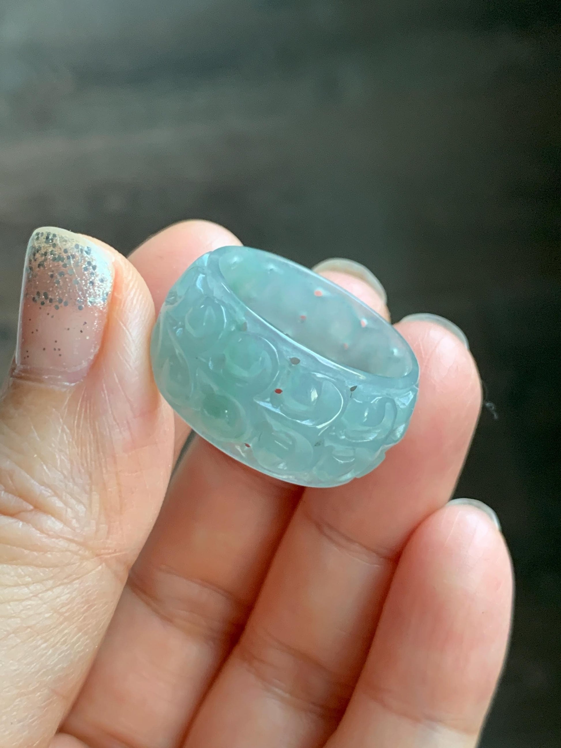Natural Grade A Guatemalan Icy Translucent Pastel Dusty Blue Jade Jadeite Openwork Engraved Band Ring Size 10.25 US 天然冰危淡蓝飘花翡翠镂空雕戒圈 LK330B