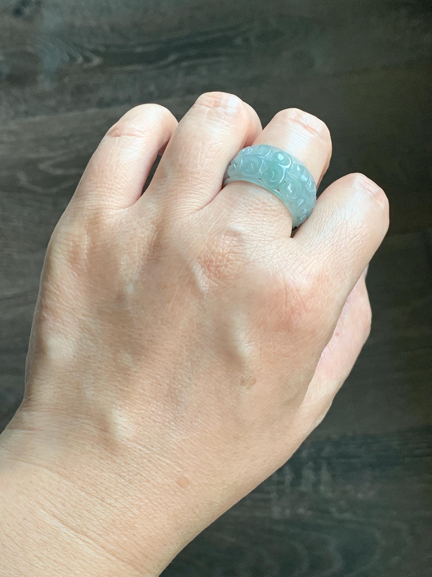 Natural Grade A Guatemalan Icy Translucent Pastel Dusty Blue Jade Jadeite Openwork Engraved Band Ring Size 10.25 US 天然冰危淡蓝飘花翡翠镂空雕戒圈 LK330B