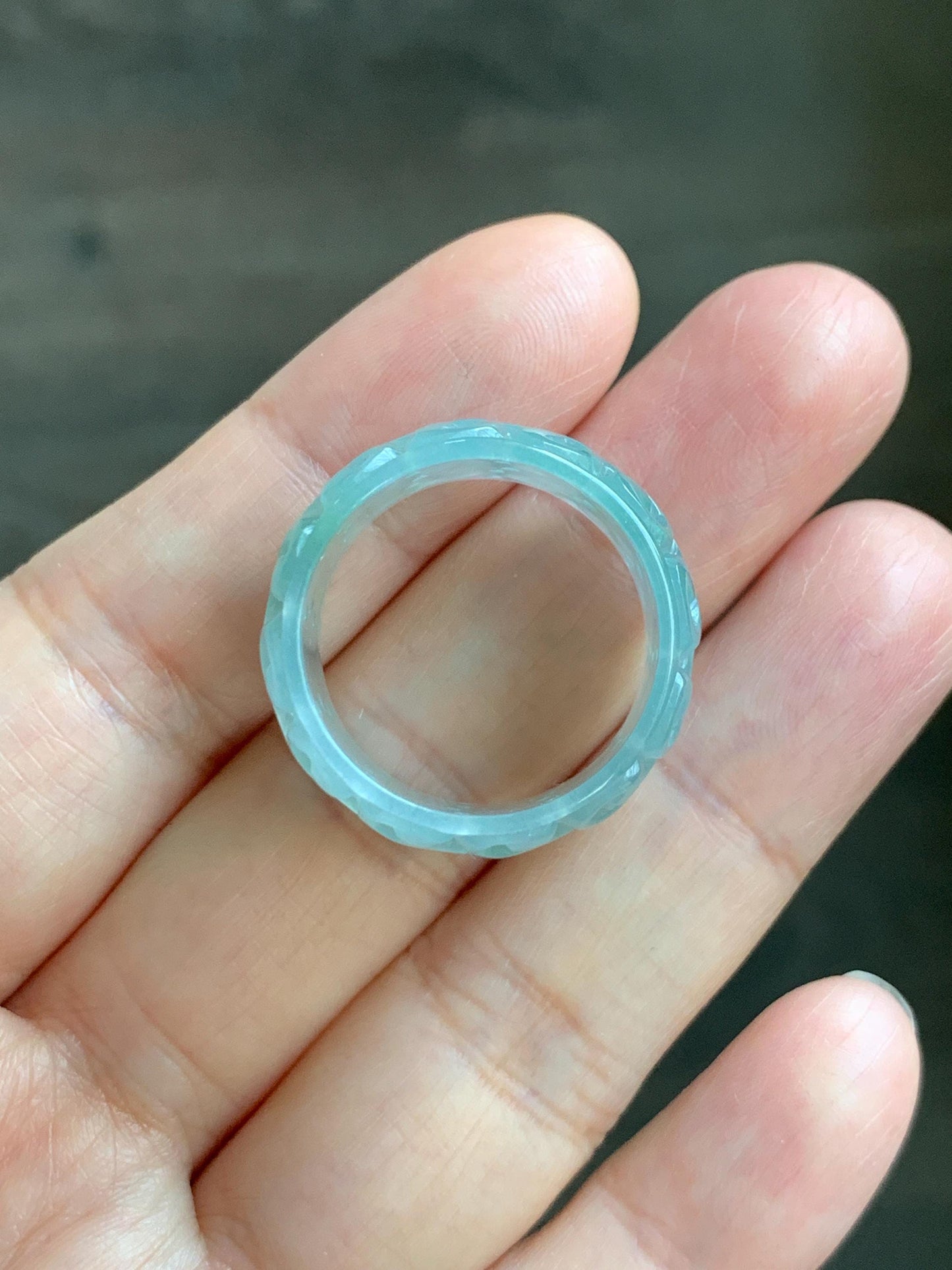 Natural Grade A Guatemalan Icy Translucent Pastel Dusty Blue Jade Jadeite Openwork Engraved Band Ring Size 10.25 US 天然冰危淡蓝飘花翡翠镂空雕戒圈 LK330B