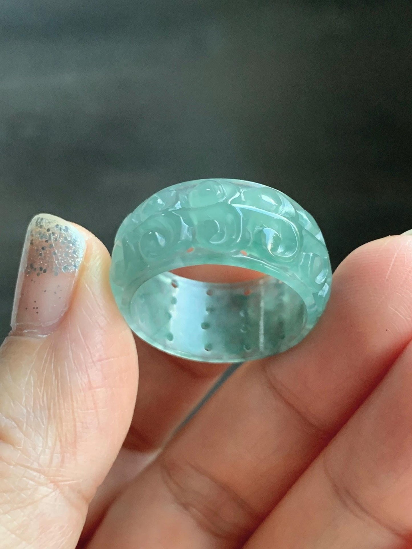 Natural Grade A Guatemalan Icy Translucent Dusty Teal Blue Jade Jadeite Openwork Engraved Band Ring Size 9 US 4g 天然冰危蓝绿翡翠镂空雕戒圈 LK330C