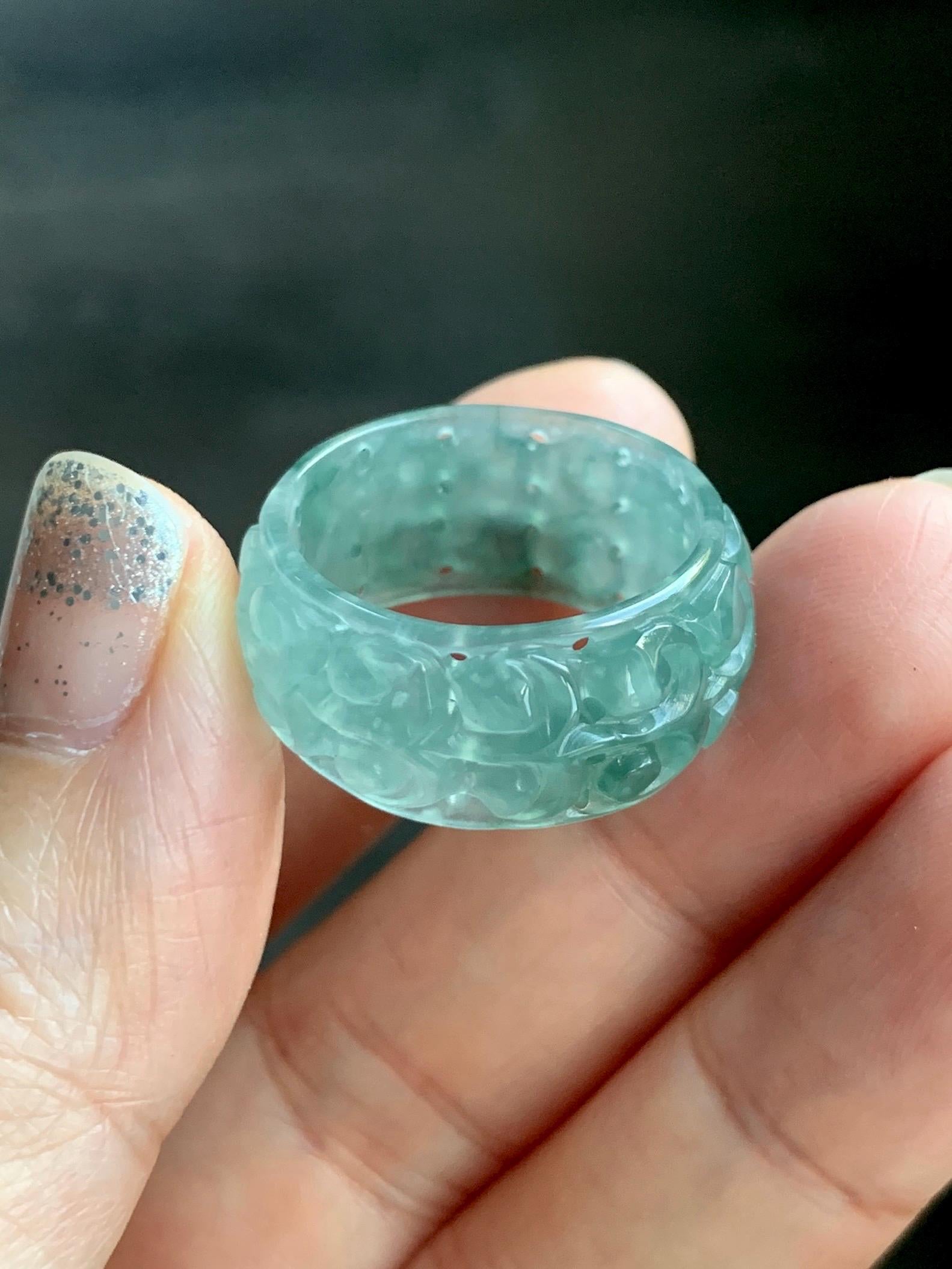 Natural Grade A Guatemalan Icy Translucent Dusty Teal Blue Jade Jadeite Openwork Engraved Band Ring Size 9 US 4g 天然冰危蓝绿翡翠镂空雕戒圈 LK330C