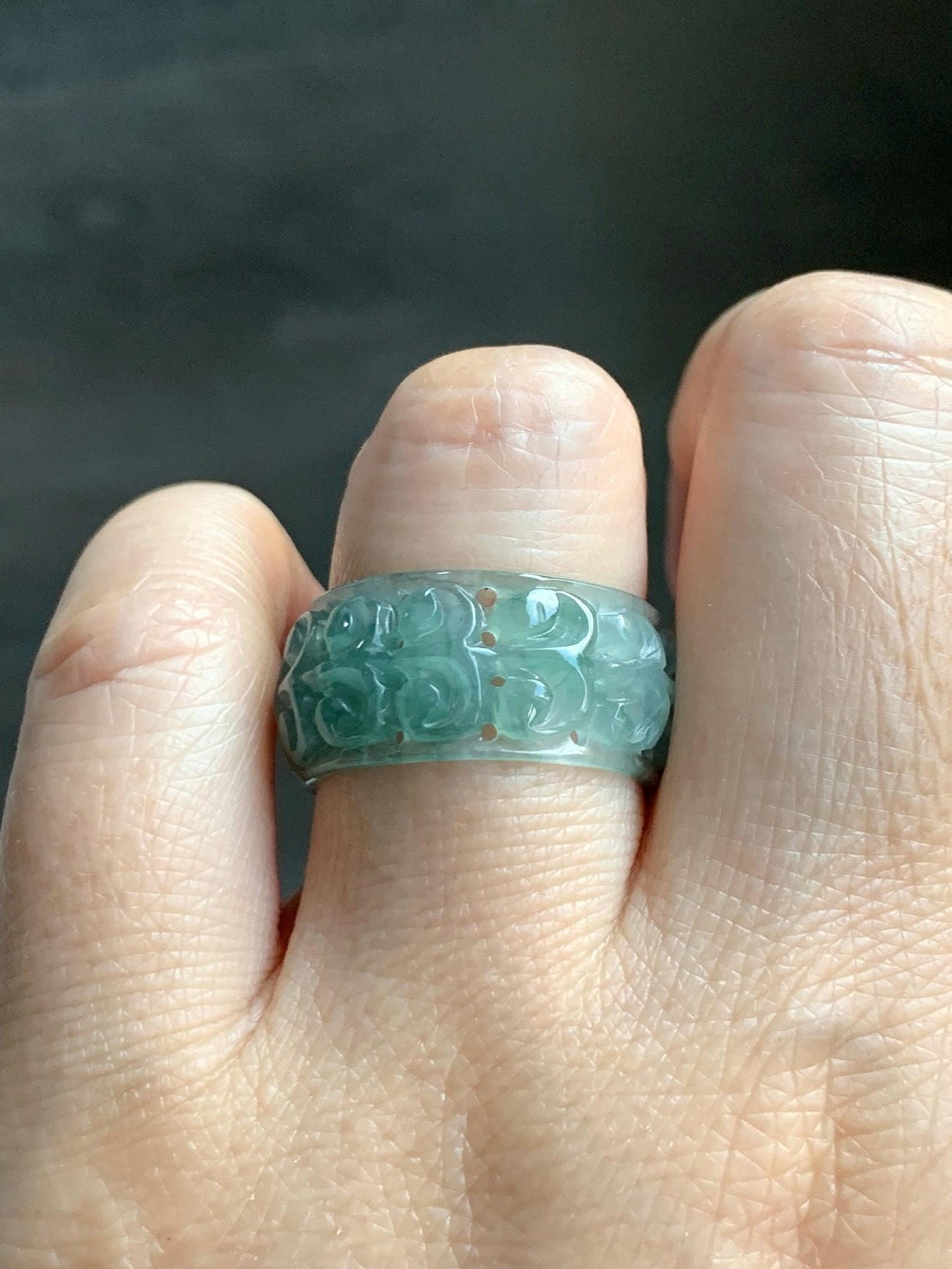 Natural Grade A Guatemalan Icy Translucent Dusty Teal Blue Jade Jadeite Openwork Engraved Band Ring Size 9 US 4g 天然冰危蓝绿翡翠镂空雕戒圈 LK330C