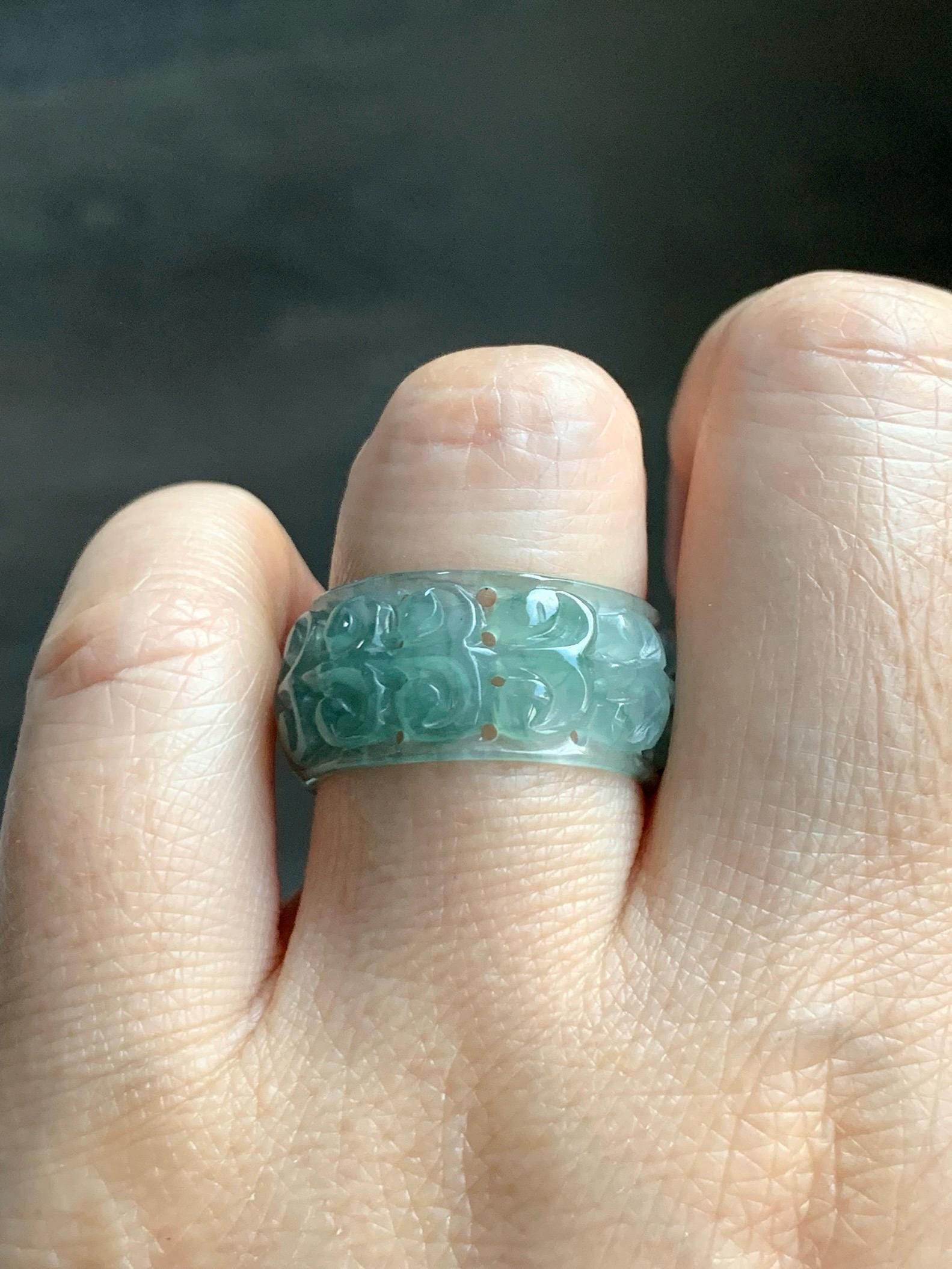 Natural Grade A Guatemalan Icy Translucent Dusty Teal Blue Jade Jadeite Openwork Engraved Band Ring Size 9 US 4g 天然冰危蓝绿翡翠镂空雕戒圈 LK330C