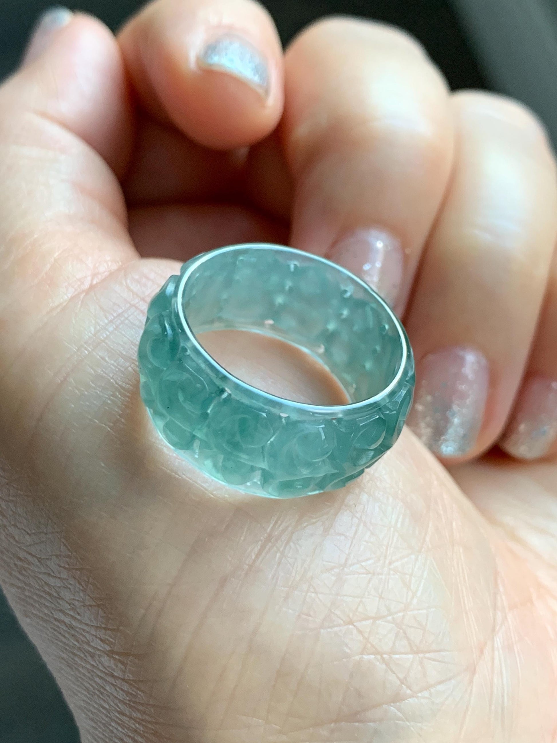 Natural Grade A Guatemalan Icy Translucent Dusty Teal Blue Jade Jadeite Openwork Engraved Band Ring Size 9 US 4g 天然冰危蓝绿翡翠镂空雕戒圈 LK330C