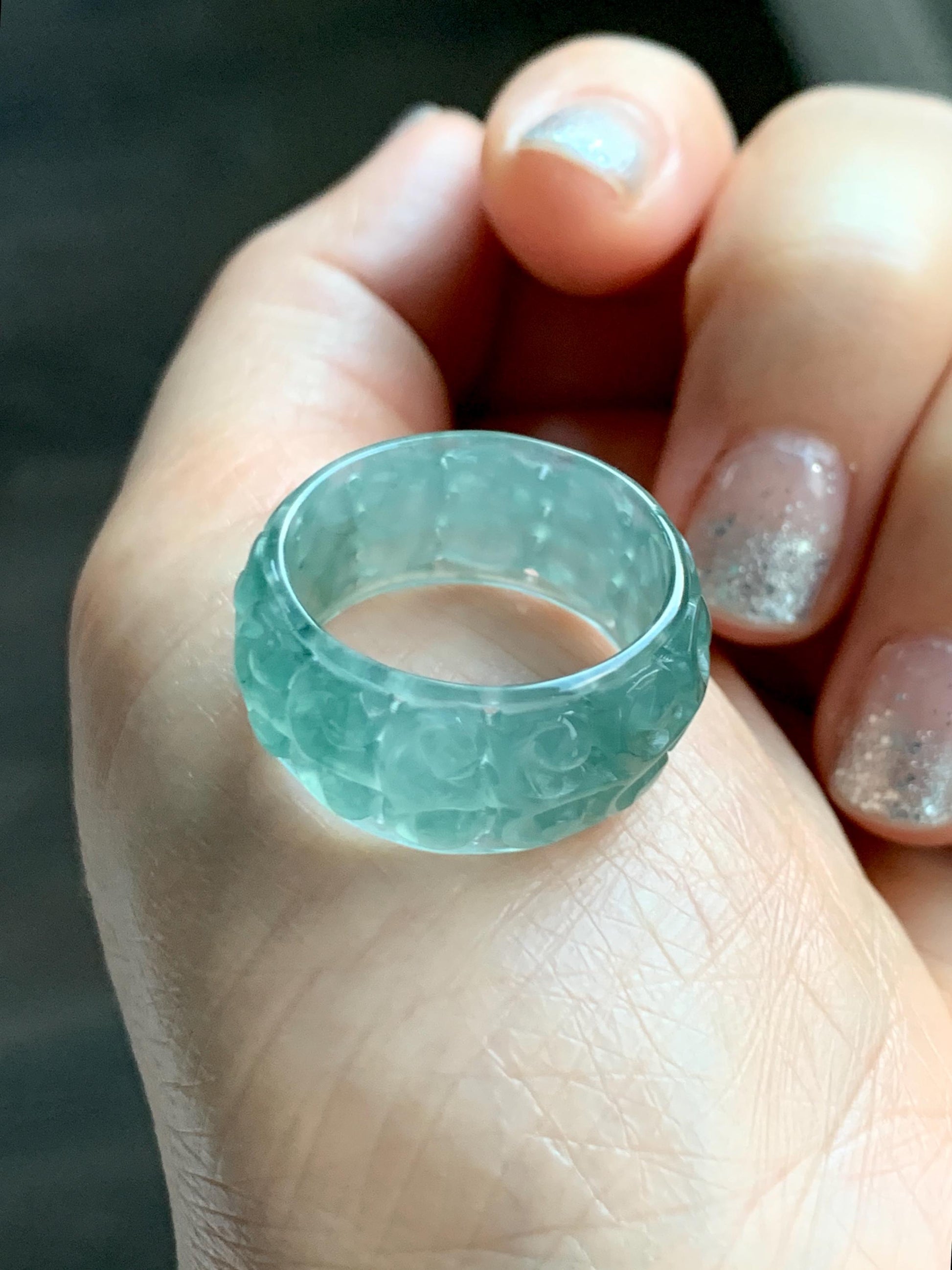 Natural Grade A Guatemalan Icy Translucent Dusty Teal Blue Jade Jadeite Openwork Engraved Band Ring Size 9 US 4g 天然冰危蓝绿翡翠镂空雕戒圈 LK330C