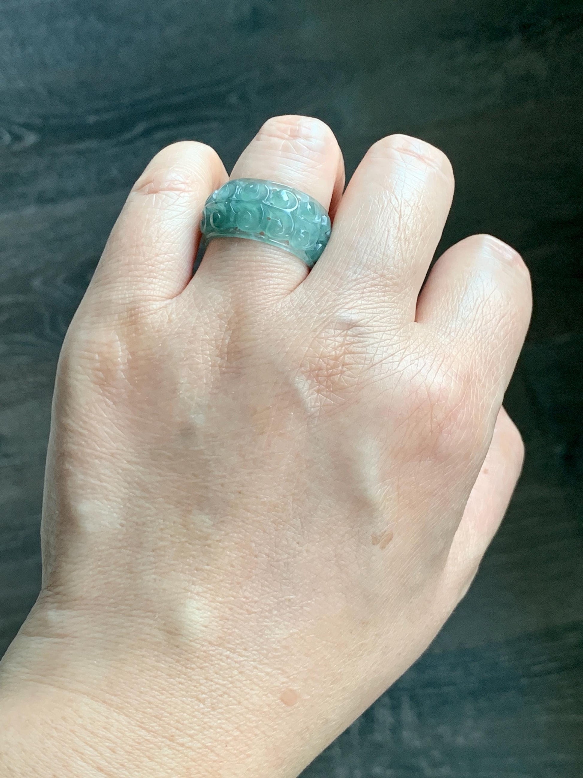 Natural Grade A Guatemalan Icy Translucent Dusty Teal Blue Jade Jadeite Openwork Engraved Band Ring Size 9 US 4g 天然冰危蓝绿翡翠镂空雕戒圈 LK330C