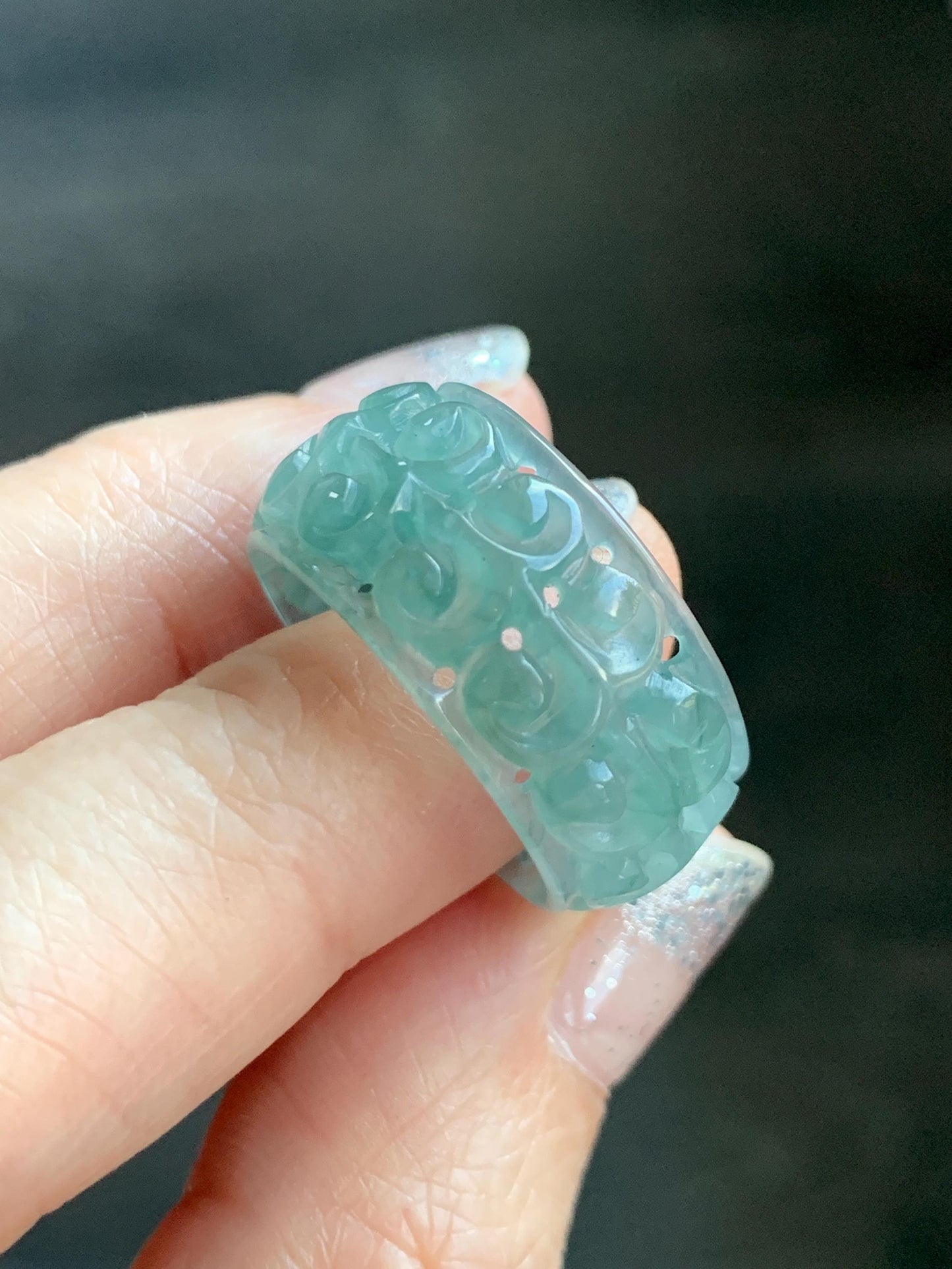 Natural Grade A Guatemalan Icy Translucent Dusty Teal Blue Jade Jadeite Openwork Engraved Band Ring Size 9 US 4g 天然冰危蓝绿翡翠镂空雕戒圈 LK330C