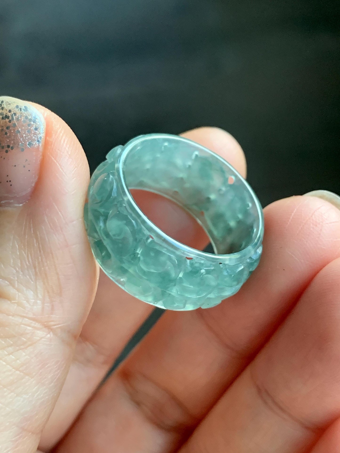 Natural Grade A Guatemalan Icy Translucent Dusty Teal Blue Jade Jadeite Openwork Engraved Band Ring Size 9 US 4g 天然冰危蓝绿翡翠镂空雕戒圈 LK330C