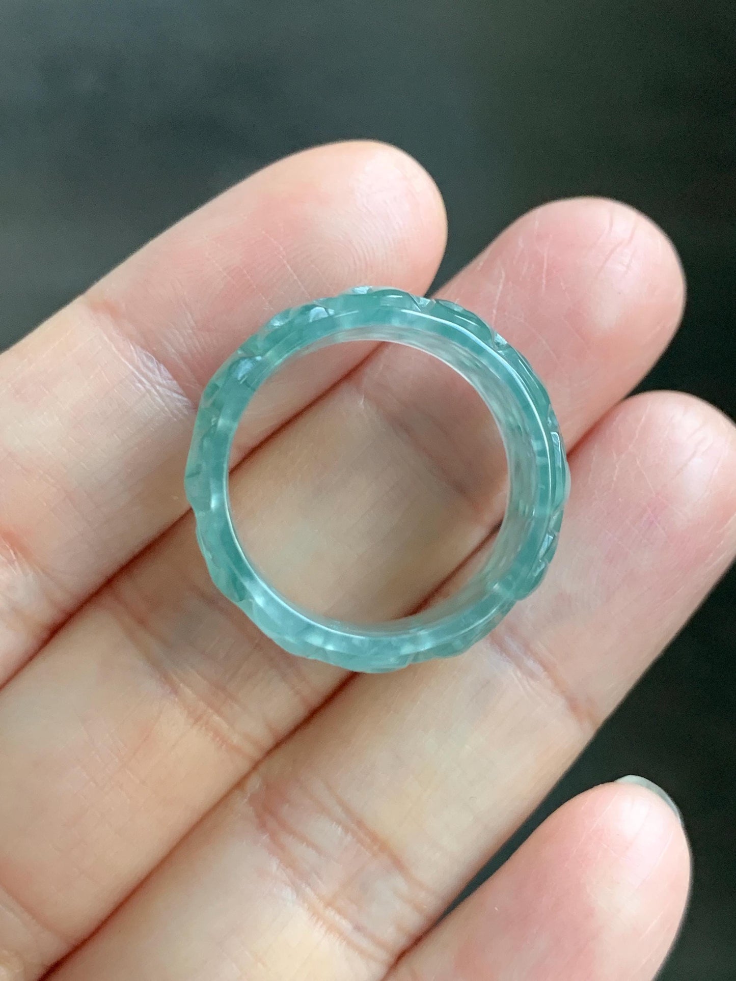 Natural Grade A Guatemalan Icy Translucent Dusty Teal Blue Jade Jadeite Openwork Engraved Band Ring Size 9 US 4g 天然冰危蓝绿翡翠镂空雕戒圈 LK330C