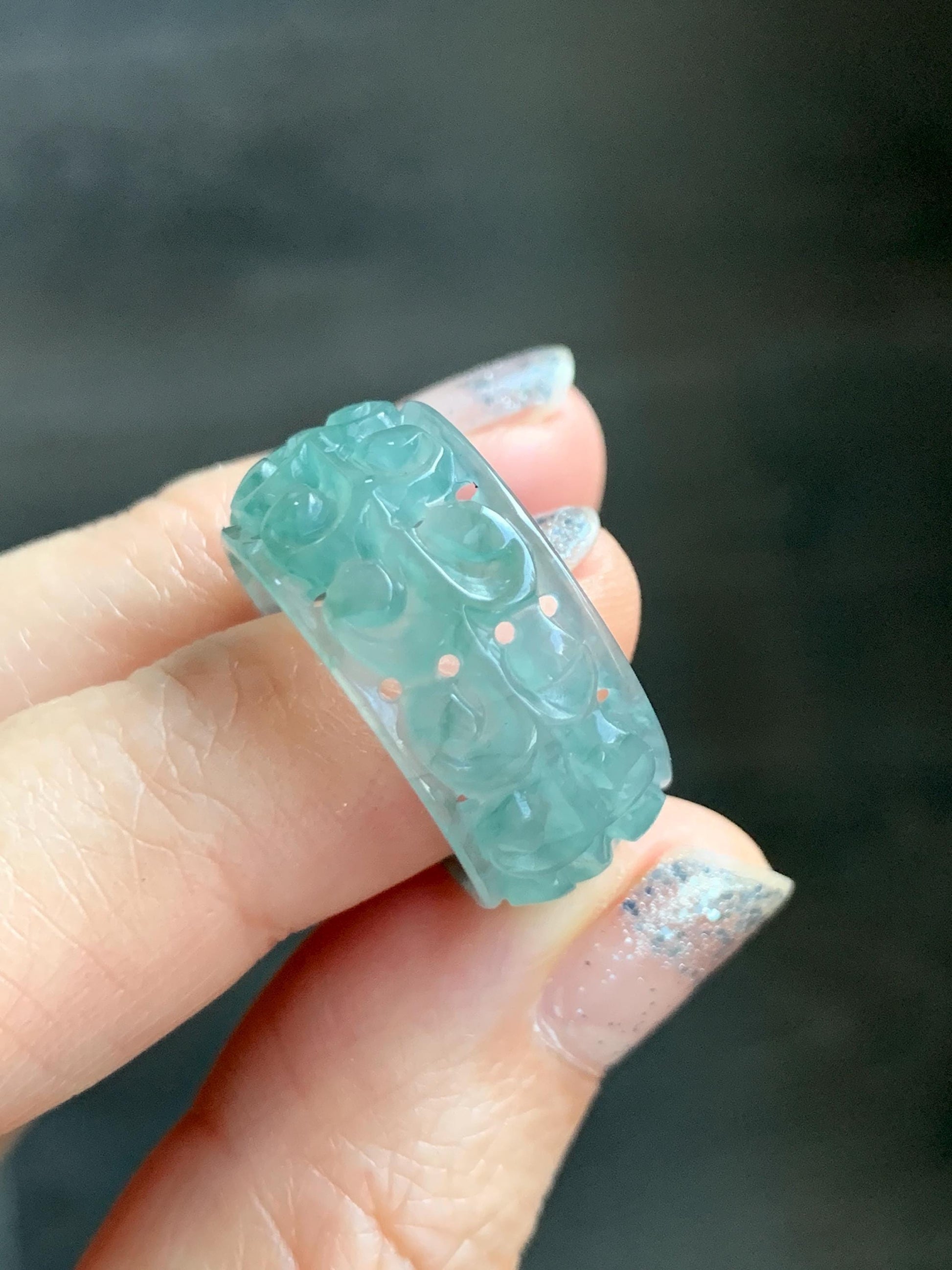 Natural Grade A Guatemalan Icy Translucent Dusty Teal Blue Jade Jadeite Openwork Engraved Band Ring Size 9 US 4g 天然冰危蓝绿翡翠镂空雕戒圈 LK330C