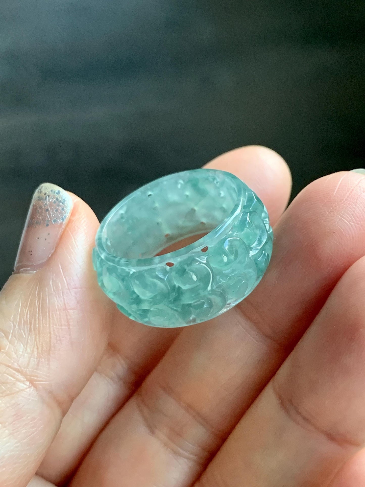 Natural Grade A Guatemalan Icy Translucent Dusty Teal Blue Jade Jadeite Openwork Engraved Band Ring Size 9 US 4g 天然冰危蓝绿翡翠镂空雕戒圈 LK330C