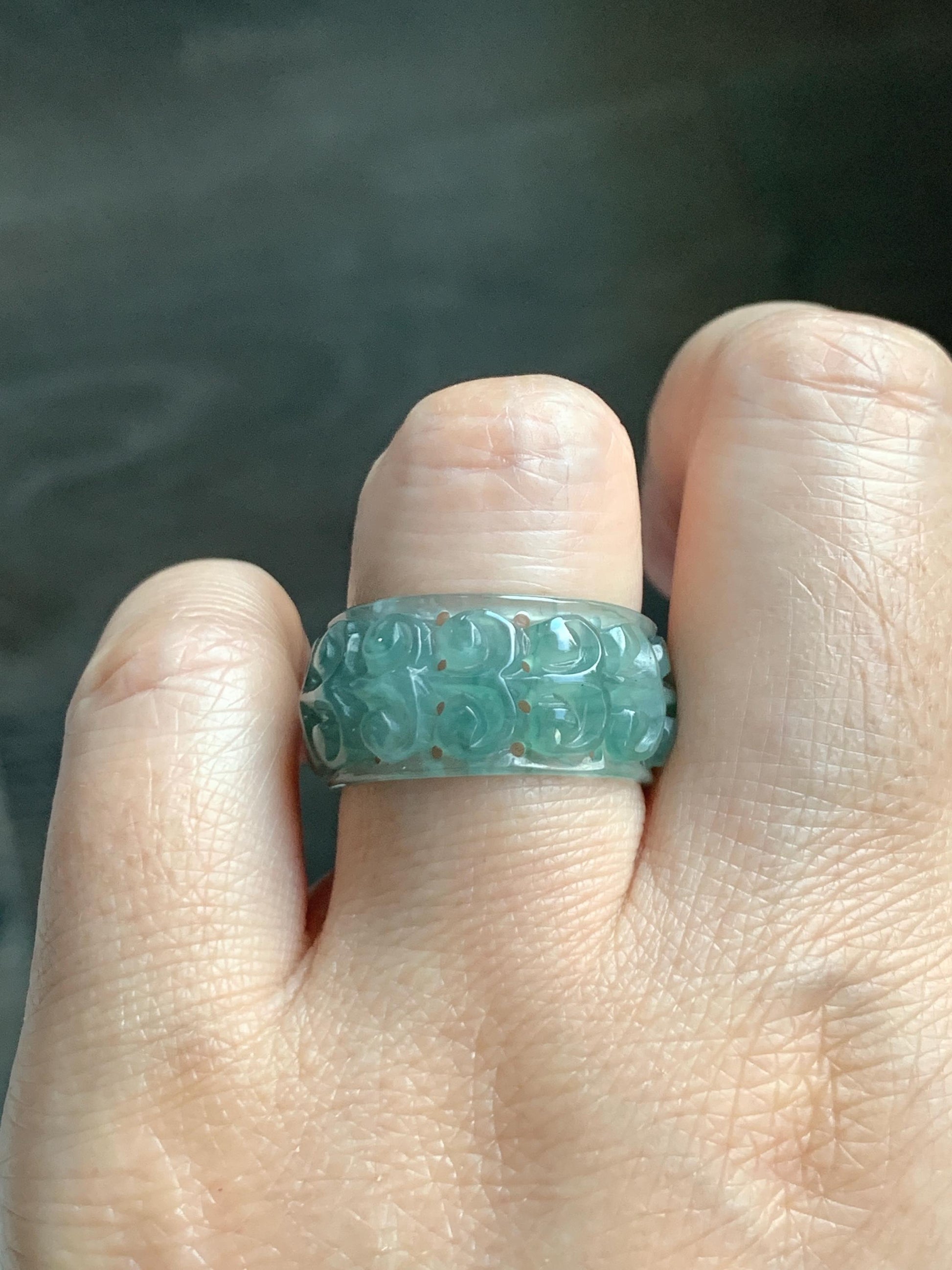 Natural Grade A Guatemalan Icy Translucent Dusty Teal Blue Jade Jadeite Openwork Engraved Band Ring Size 9 US 4g 天然冰危蓝绿翡翠镂空雕戒圈 LK330C