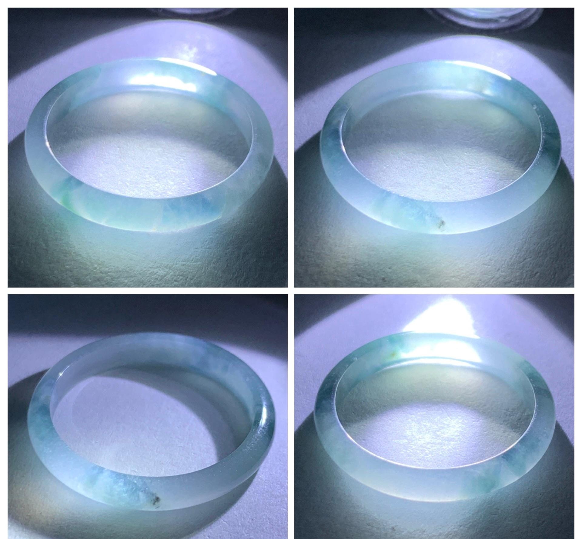Natural Grade A Guatemalan Icy Translucent Pastel Blue & Dark Teal Marbled Jade Jadeite Slim Band Ring Size 9 US 天然冰危浅蓝紫飘花翡翠戒圈 LZP55