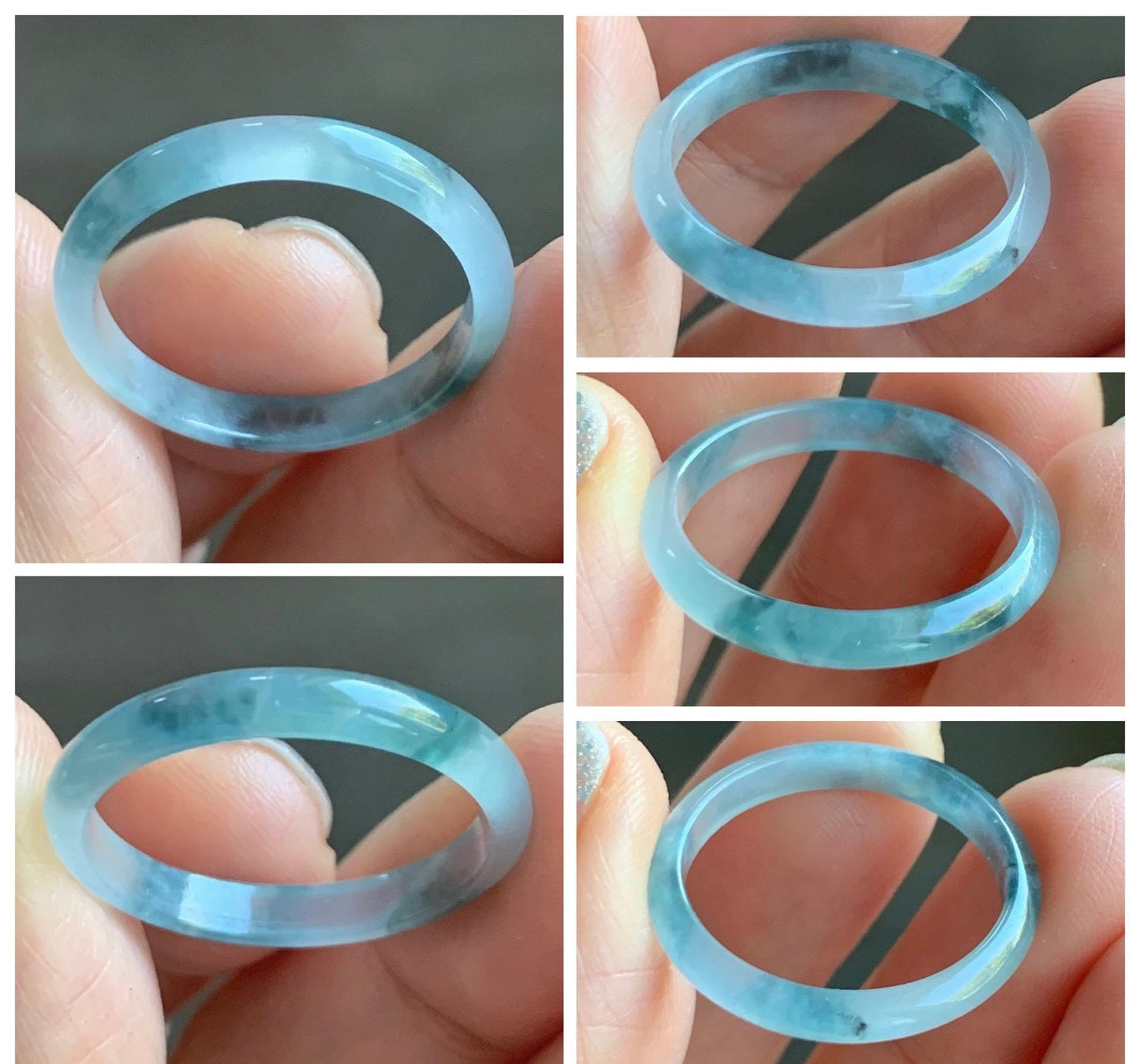 Natural Grade A Guatemalan Icy Translucent Pastel Blue & Dark Teal Marbled Jade Jadeite Slim Band Ring Size 9 US 天然冰危浅蓝紫飘花翡翠戒圈 LZP55
