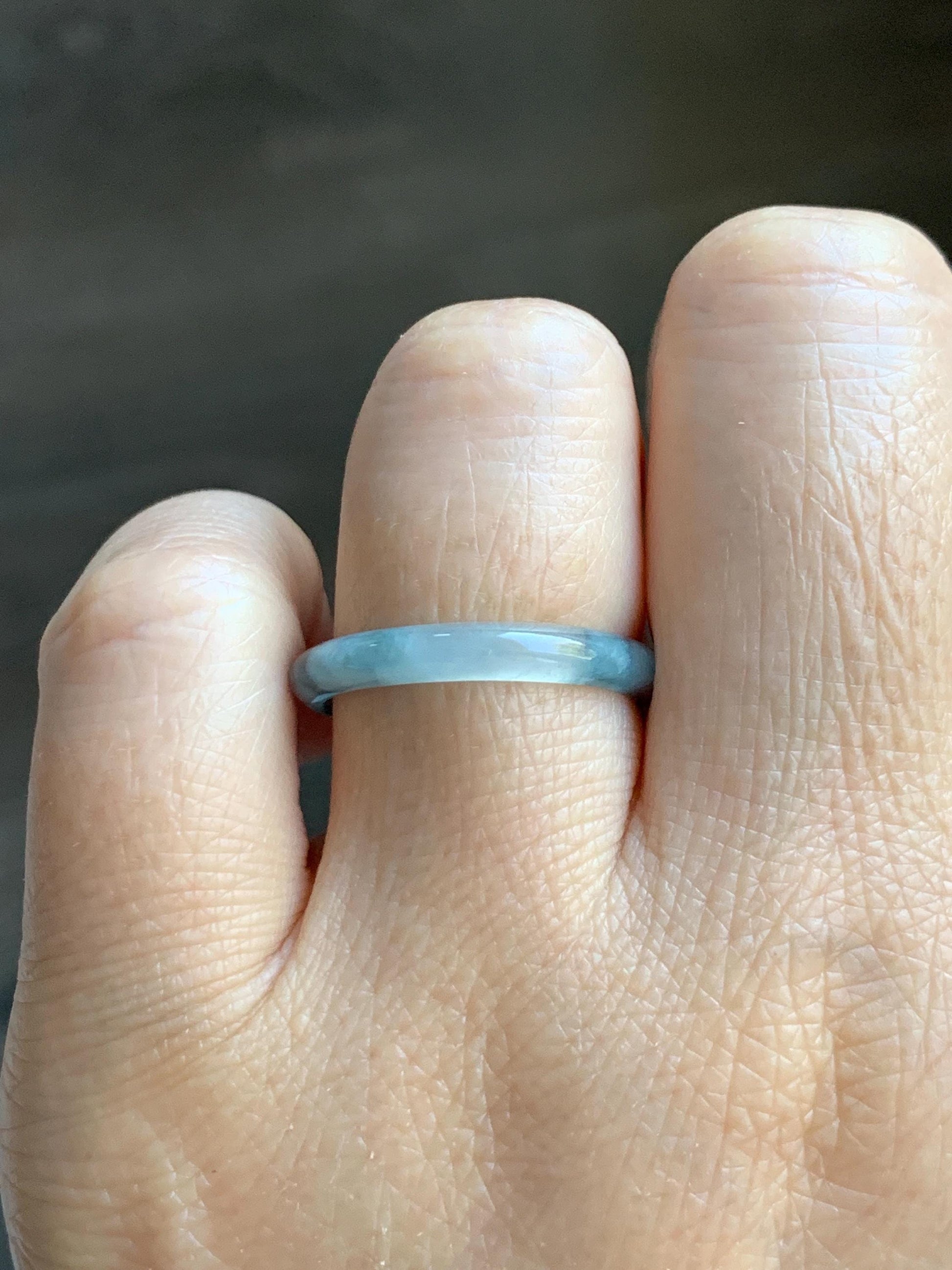 Natural Grade A Guatemalan Icy Translucent Pastel Blue & Dark Teal Marbled Jade Jadeite Slim Band Ring Size 9 US 天然冰危浅蓝紫飘花翡翠戒圈 LZP55