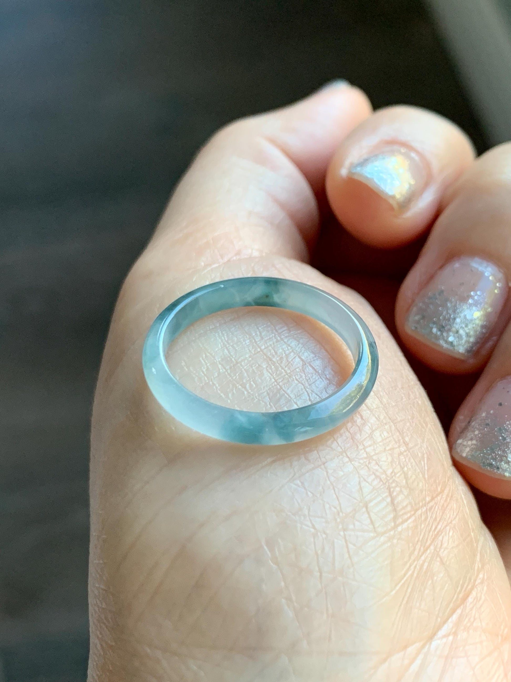 Natural Grade A Guatemalan Icy Translucent Pastel Blue & Dark Teal Marbled Jade Jadeite Slim Band Ring Size 9 US 天然冰危浅蓝紫飘花翡翠戒圈 LZP55
