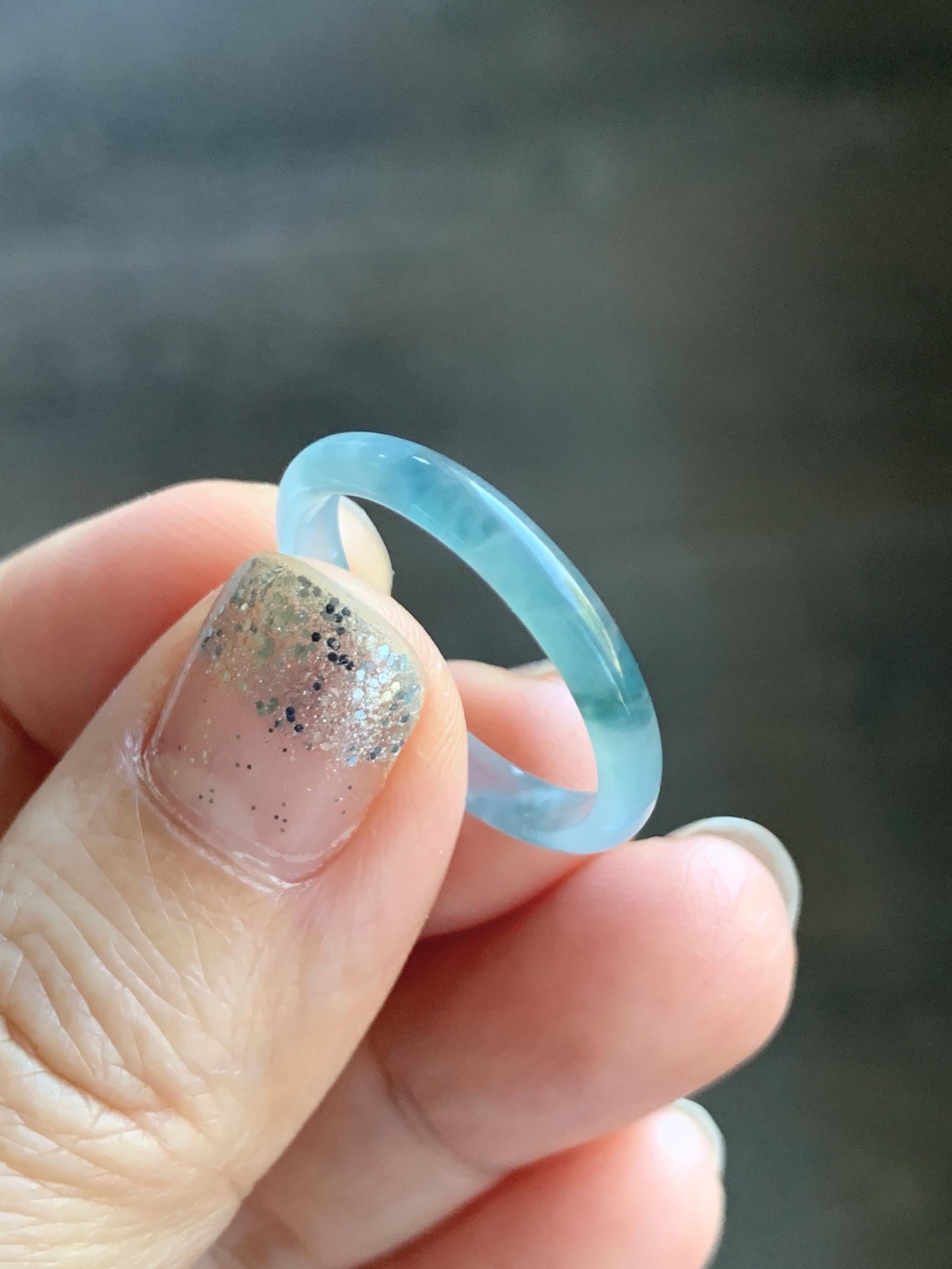 Natural Grade A Guatemalan Icy Translucent Pastel Blue & Dark Teal Marbled Jade Jadeite Slim Band Ring Size 9 US 天然冰危浅蓝紫飘花翡翠戒圈 LZP55