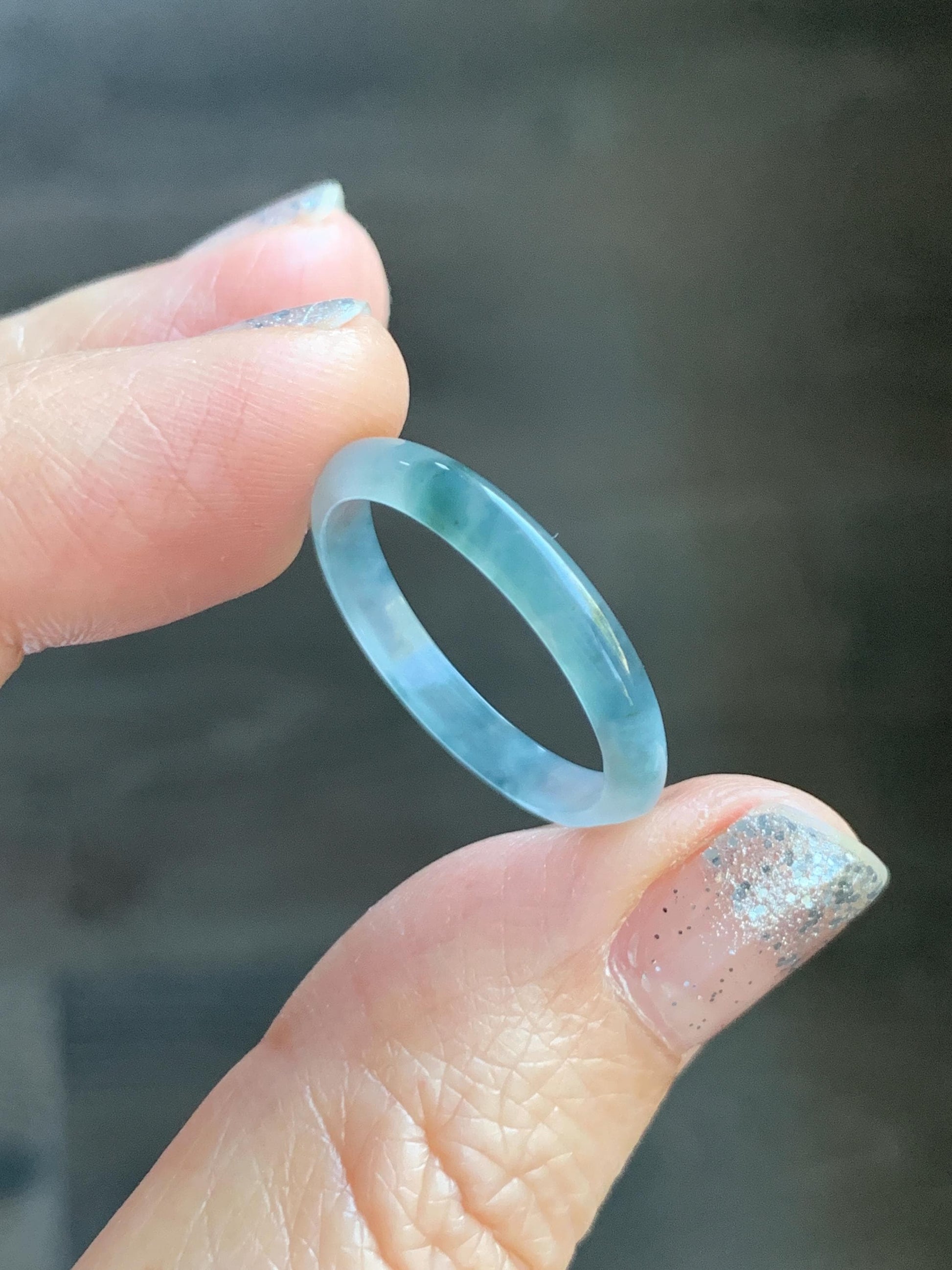 Natural Grade A Guatemalan Icy Translucent Pastel Blue & Dark Teal Marbled Jade Jadeite Slim Band Ring Size 9 US 天然冰危浅蓝紫飘花翡翠戒圈 LZP55