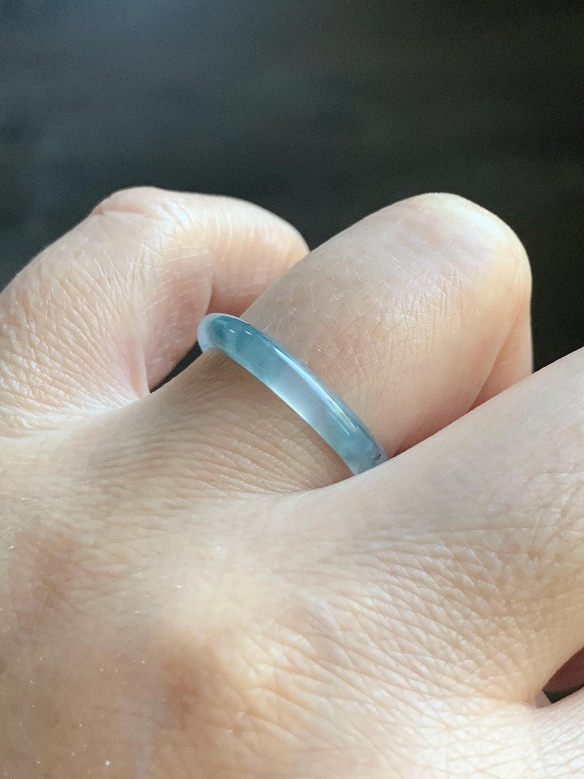 Natural Grade A Guatemalan Icy Translucent Pastel Blue & Dark Teal Marbled Jade Jadeite Slim Band Ring Size 9 US 天然冰危浅蓝紫飘花翡翠戒圈 LZP55