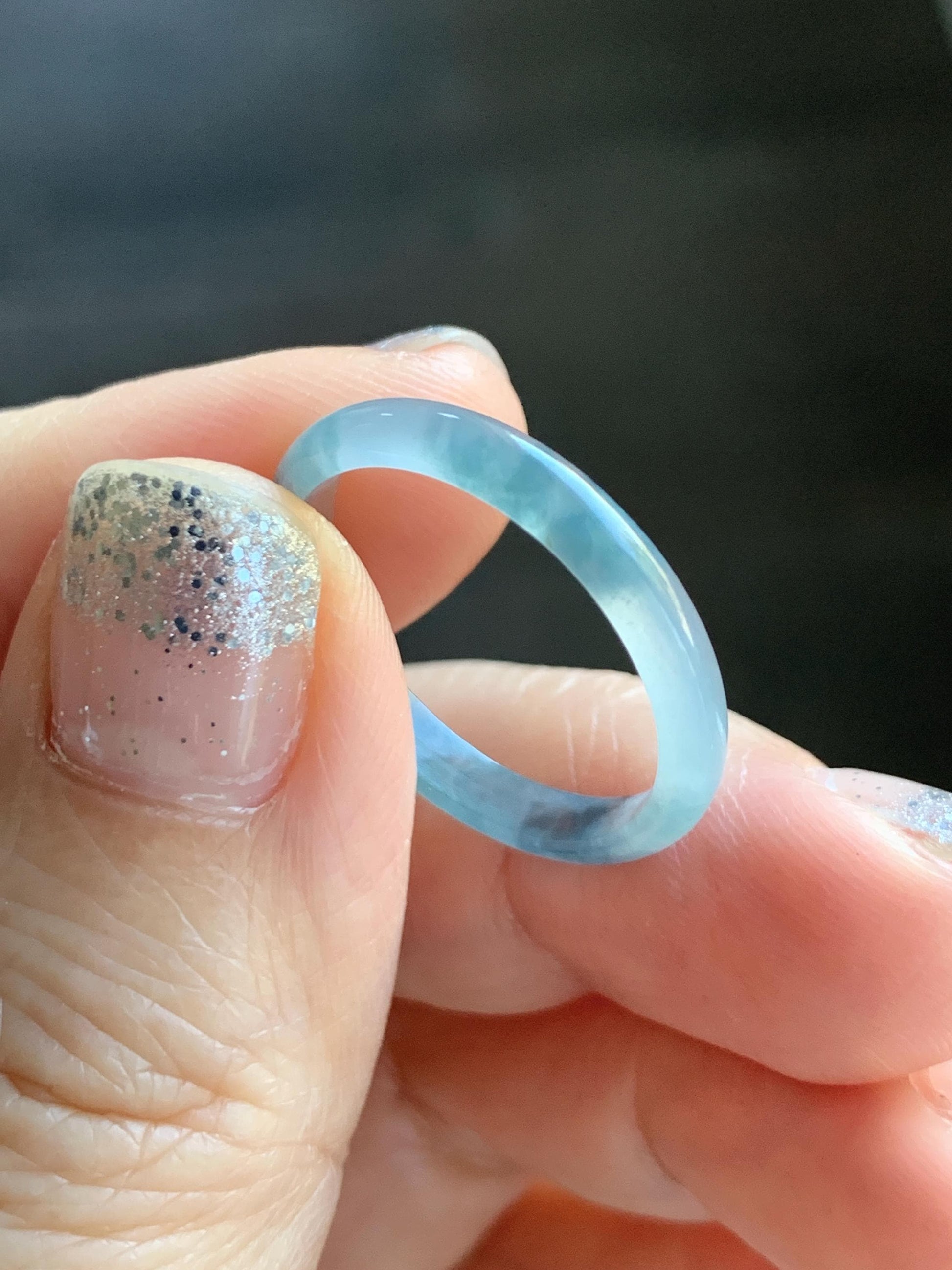 Natural Grade A Guatemalan Icy Translucent Pastel Blue & Dark Teal Marbled Jade Jadeite Slim Band Ring Size 9 US 天然冰危浅蓝紫飘花翡翠戒圈 LZP55