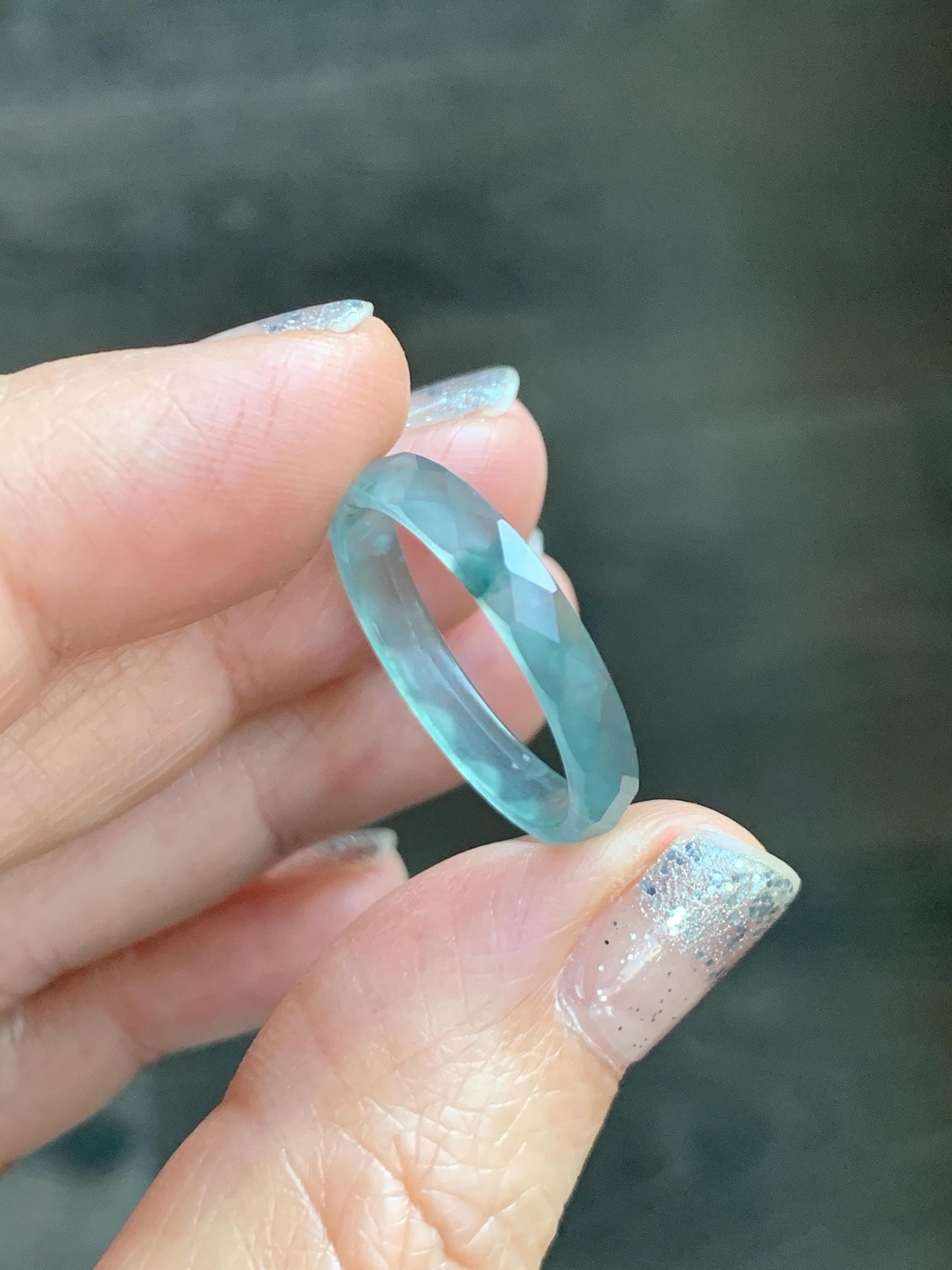 Natural Grade A Guatemalan Icy Highly Translucent Light Teal Green Jade Jadeite Diamond Faceted Band Ring Size 9 天然冰危浅绿起光翡翠切割面戒圈 QGW220A