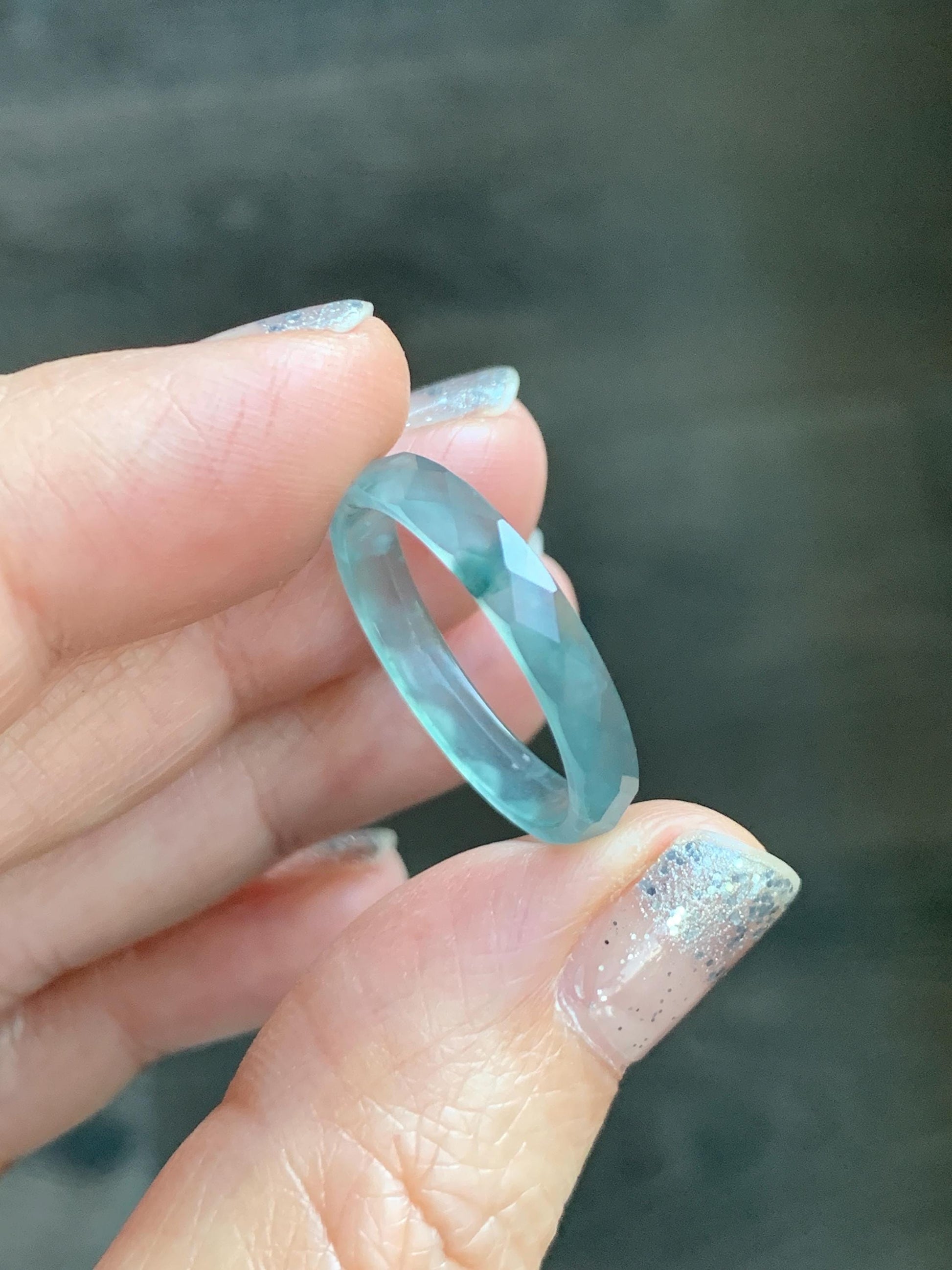 Natural Grade A Guatemalan Icy Highly Translucent Light Teal Green Jade Jadeite Diamond Faceted Band Ring Size 9 天然冰危浅绿起光翡翠切割面戒圈 QGW220A