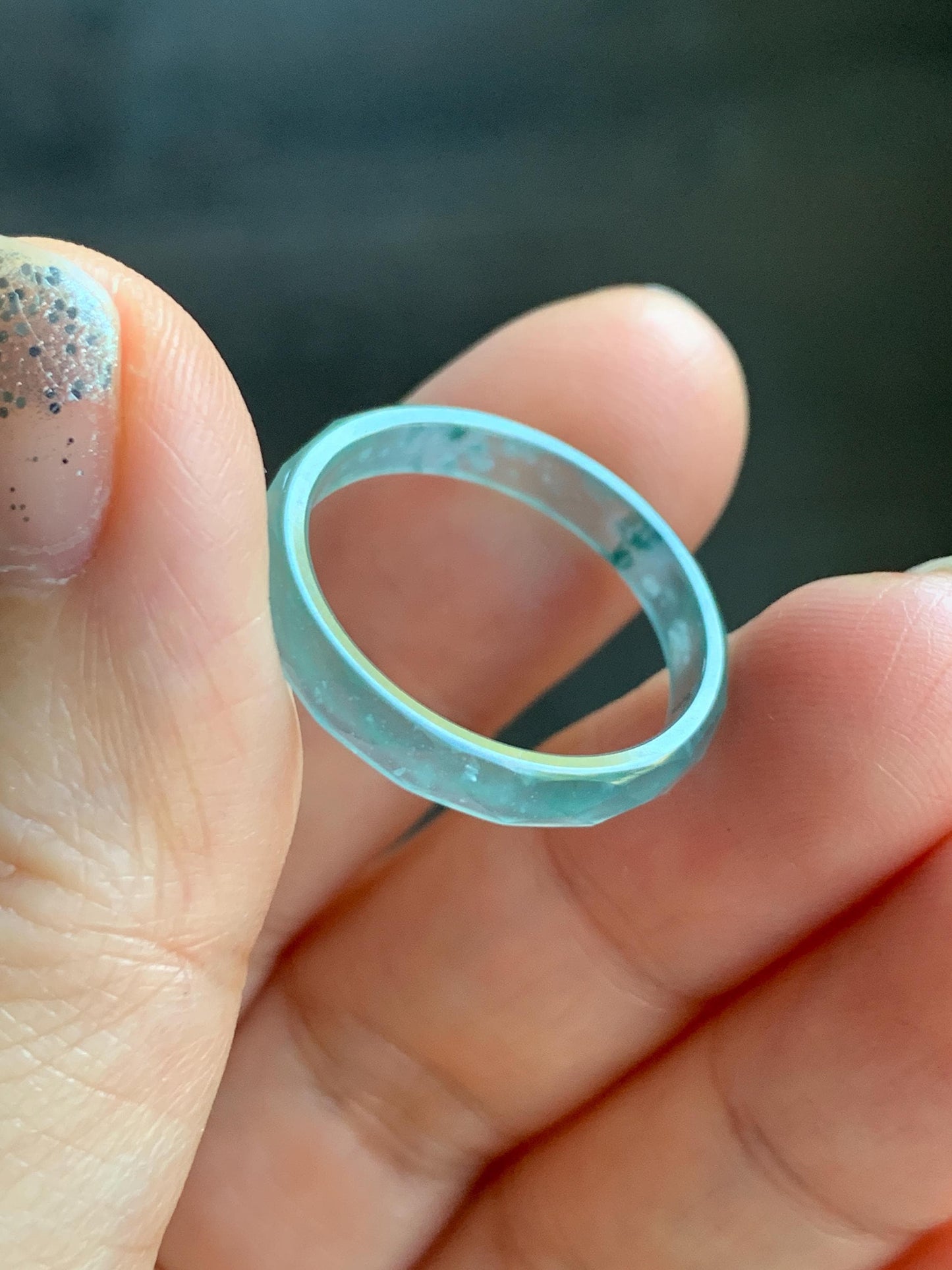 Natural Grade A Guatemalan Icy Highly Translucent Light Teal Green Jade Jadeite Diamond Faceted Band Ring Size 9 天然冰危浅绿起光翡翠切割面戒圈 QGW220A