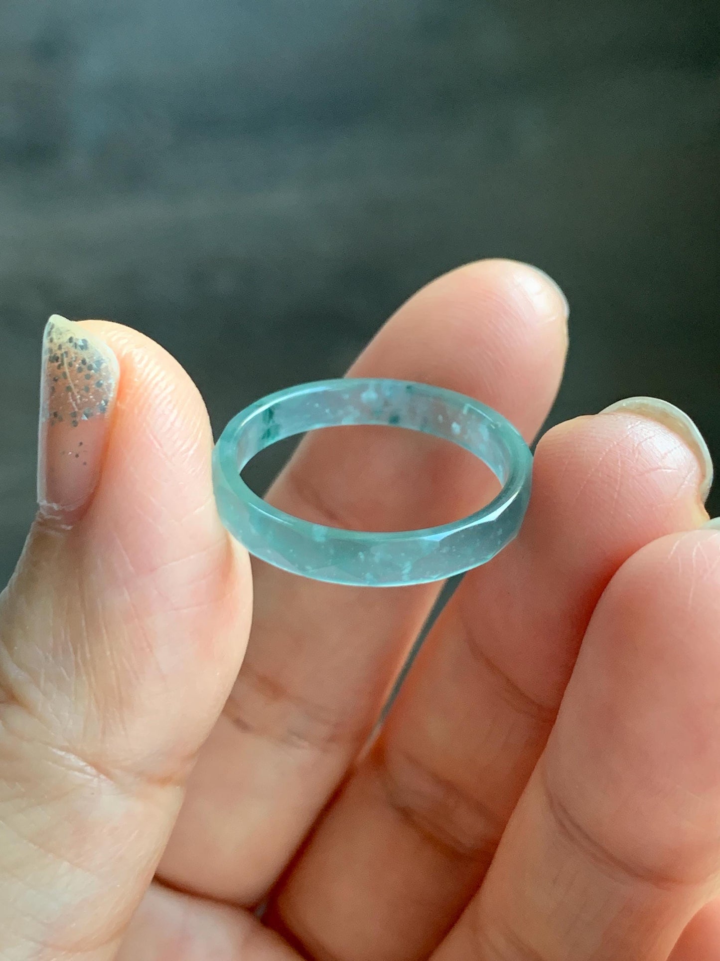 Natural Grade A Guatemalan Icy Highly Translucent Light Teal Green Jade Jadeite Diamond Faceted Band Ring Size 9 天然冰危浅绿起光翡翠切割面戒圈 QGW220A