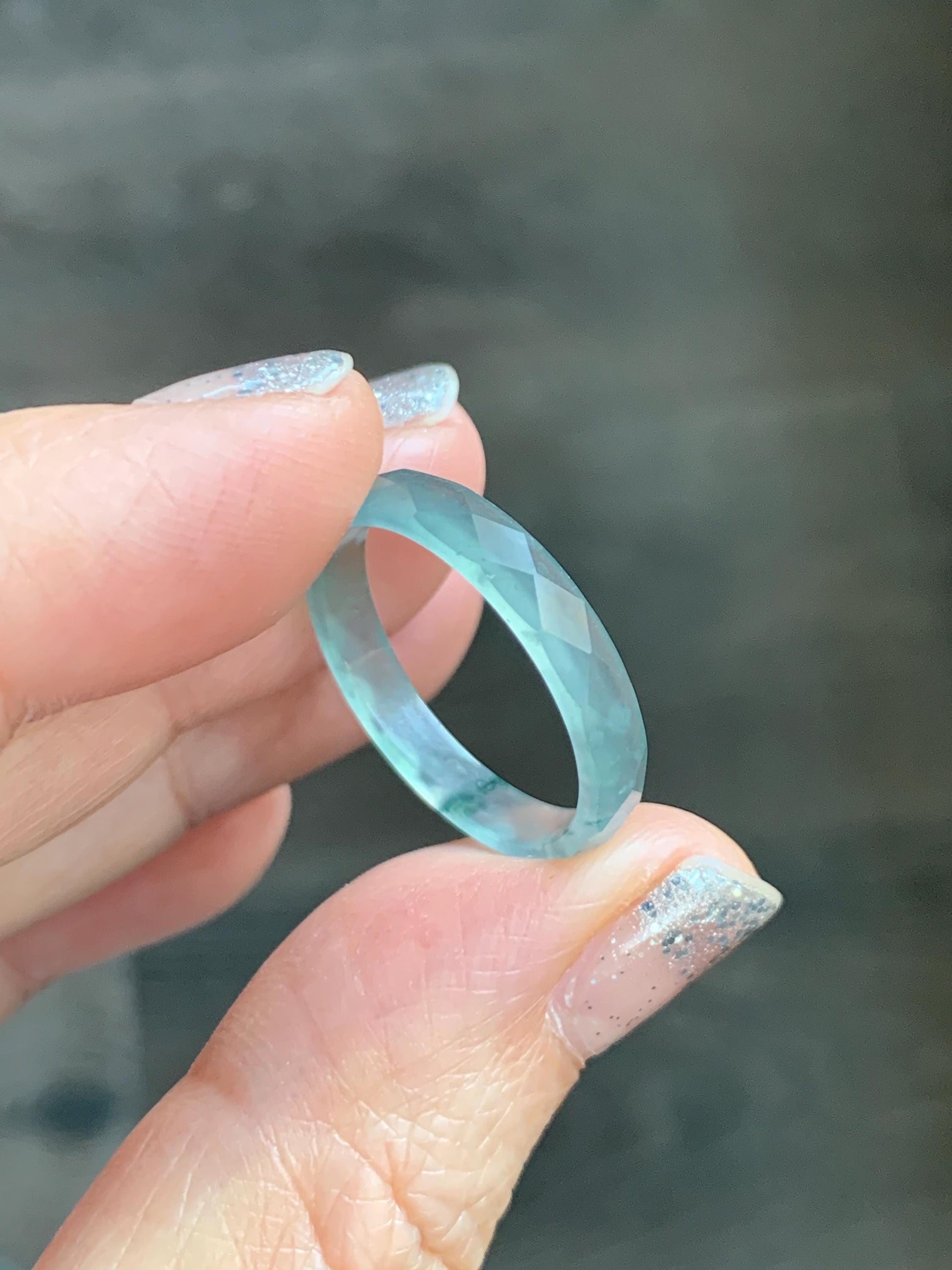 Natural Grade A Guatemalan Icy Highly Translucent Light Teal Green Jade Jadeite Diamond Faceted Band Ring Size 9 天然冰危浅绿起光翡翠切割面戒圈 QGW220A