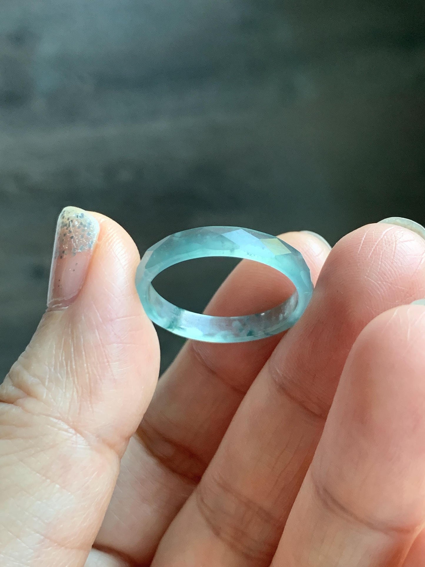 Natural Grade A Guatemalan Icy Highly Translucent Light Teal Green Jade Jadeite Diamond Faceted Band Ring Size 9 天然冰危浅绿起光翡翠切割面戒圈 QGW220A