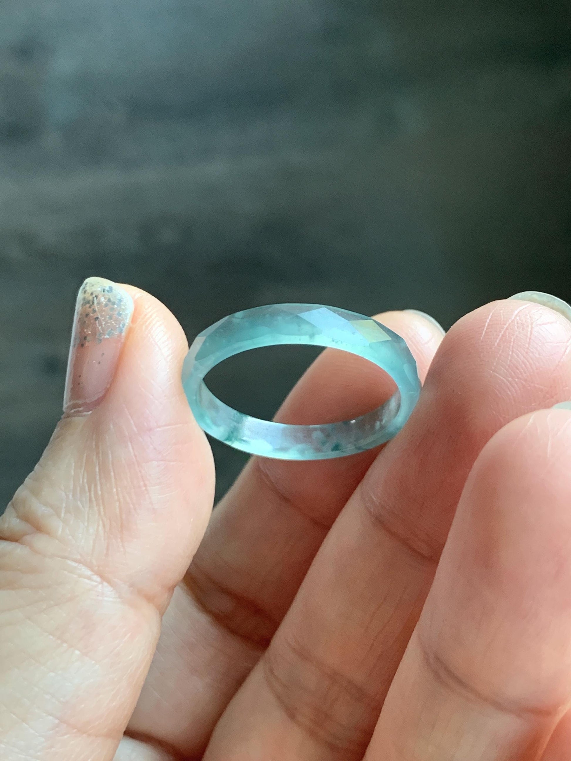 Natural Grade A Guatemalan Icy Highly Translucent Light Teal Green Jade Jadeite Diamond Faceted Band Ring Size 9 天然冰危浅绿起光翡翠切割面戒圈 QGW220A