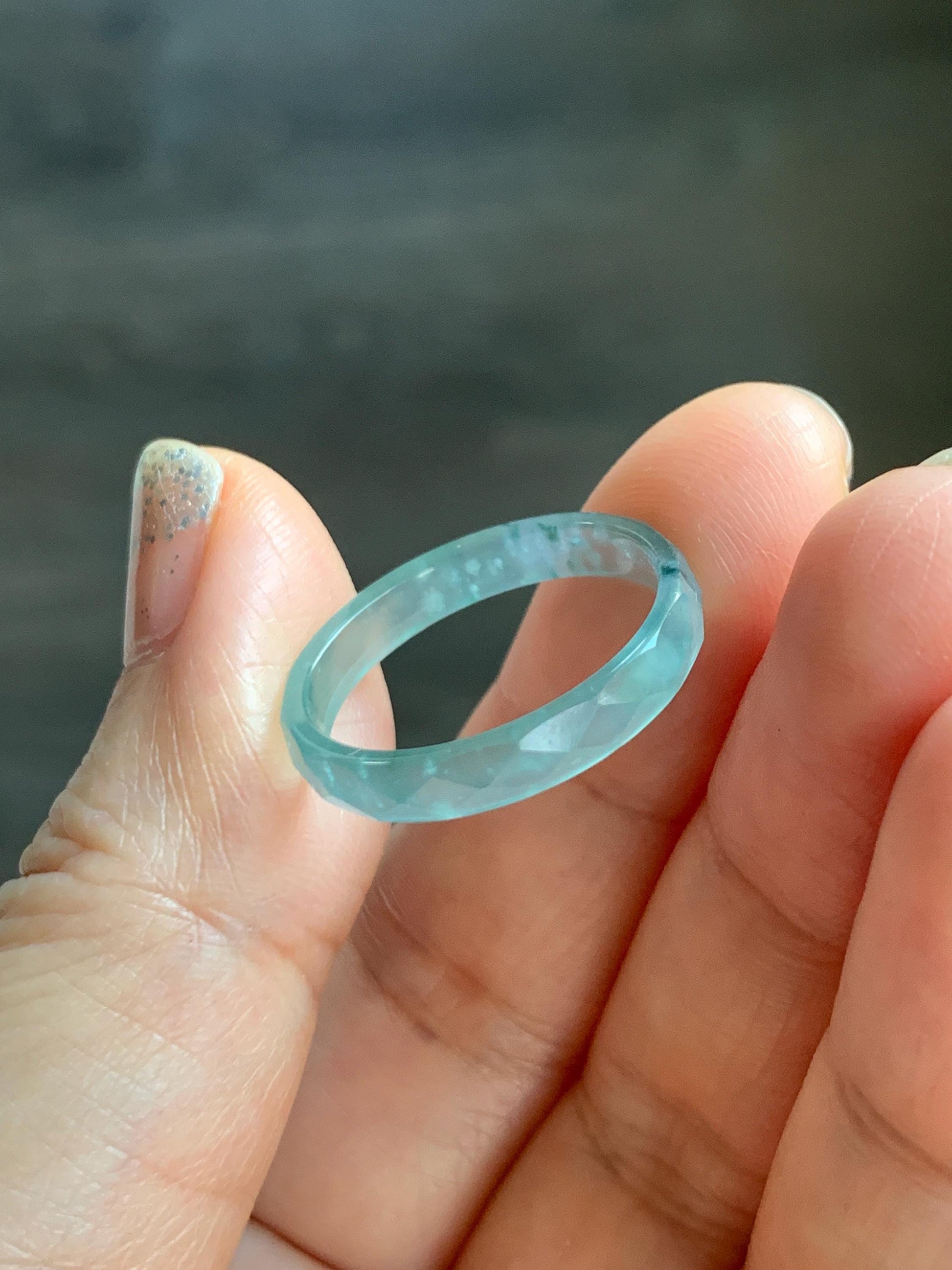 Natural Grade A Guatemalan Icy Highly Translucent Light Teal Green Jade Jadeite Diamond Faceted Band Ring Size 9 天然冰危浅绿起光翡翠切割面戒圈 QGW220A