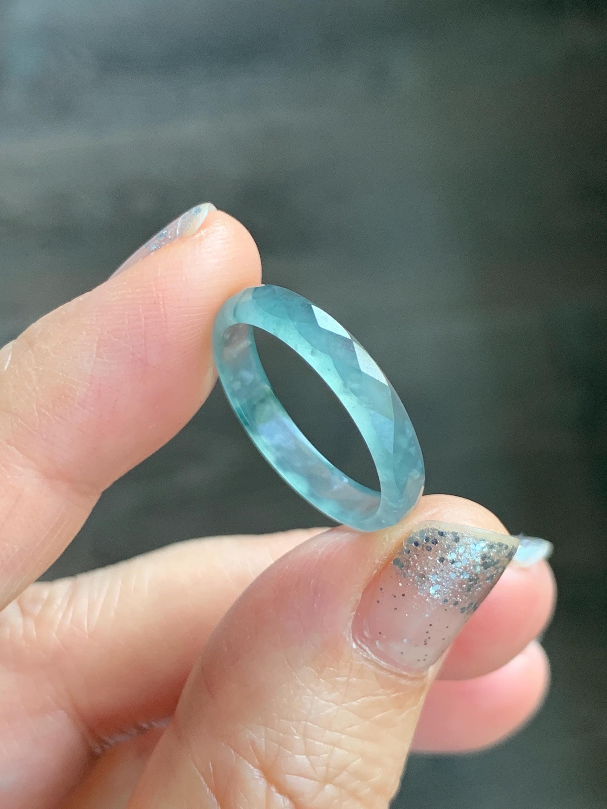 Natural Grade A Guatemalan Icy Highly Translucent Light Teal Green Jade Jadeite Diamond Faceted Band Ring Size 8 天然冰危浅绿起光翡翠切割面戒圈 QGW220B