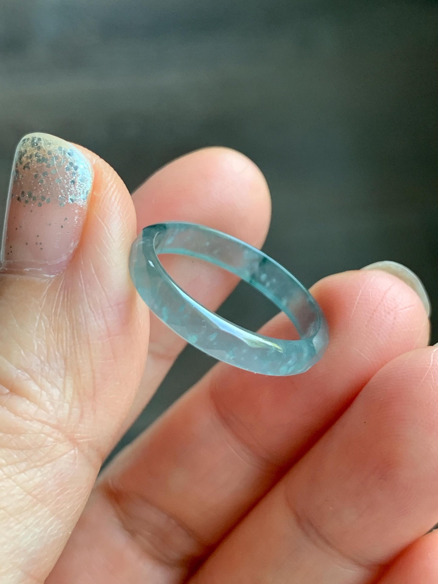 Natural Grade A Guatemalan Icy Highly Translucent Light Teal Green Jade Jadeite Diamond Faceted Band Ring Size 8 天然冰危浅绿起光翡翠切割面戒圈 QGW220B