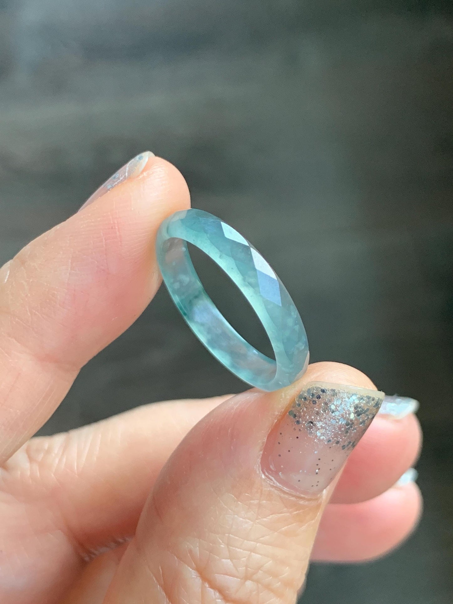Natural Grade A Guatemalan Icy Highly Translucent Light Teal Green Jade Jadeite Diamond Faceted Band Ring Size 8 天然冰危浅绿起光翡翠切割面戒圈 QGW220B