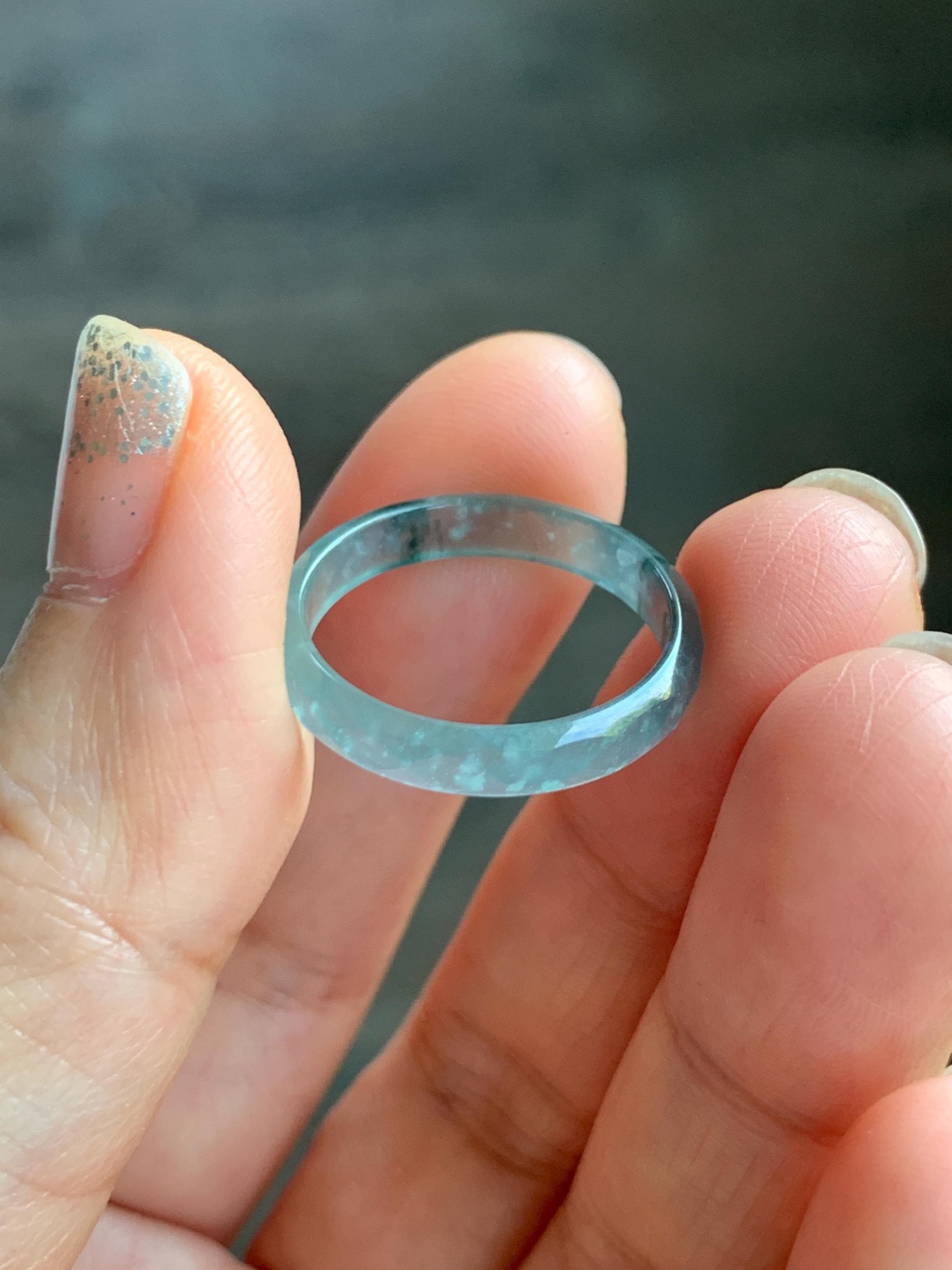 Natural Grade A Guatemalan Icy Highly Translucent Light Teal Green Jade Jadeite Diamond Faceted Band Ring Size 8 天然冰危浅绿起光翡翠切割面戒圈 QGW220B