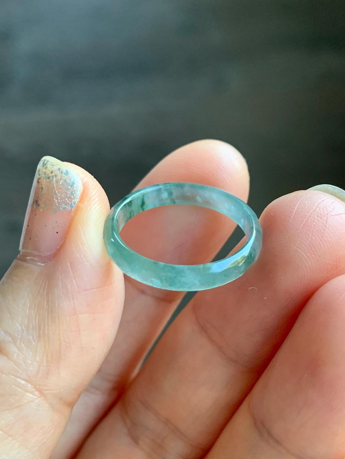 Natural Grade A Guatemalan Icy Highly Translucent Light Teal Green Jade Jadeite Diamond Faceted Band Ring Size 6.5 天然冰危浅绿起光翡翠切割面戒圈 QGW220C