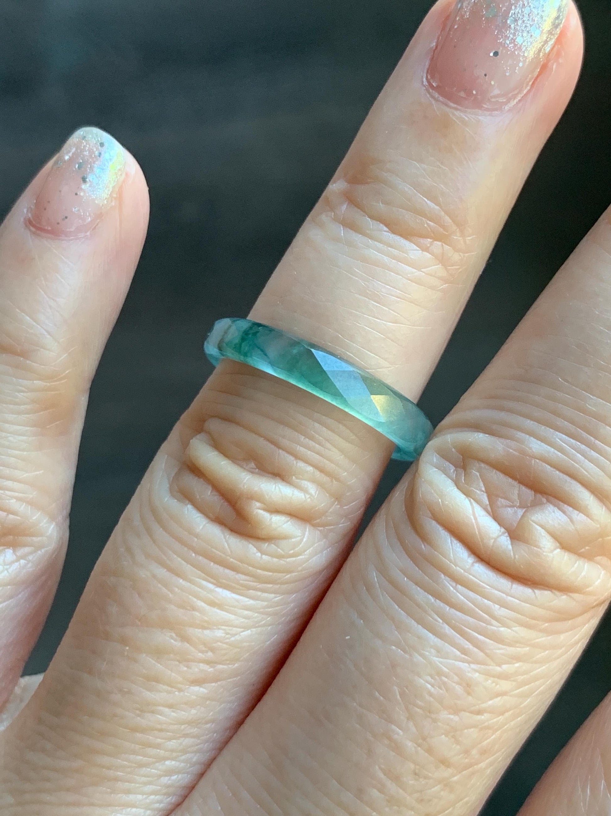 Natural Grade A Guatemalan Icy Highly Translucent Light Teal Green Jade Jadeite Diamond Faceted Band Ring Size 6.5 天然冰危浅绿起光翡翠切割面戒圈 QGW220C