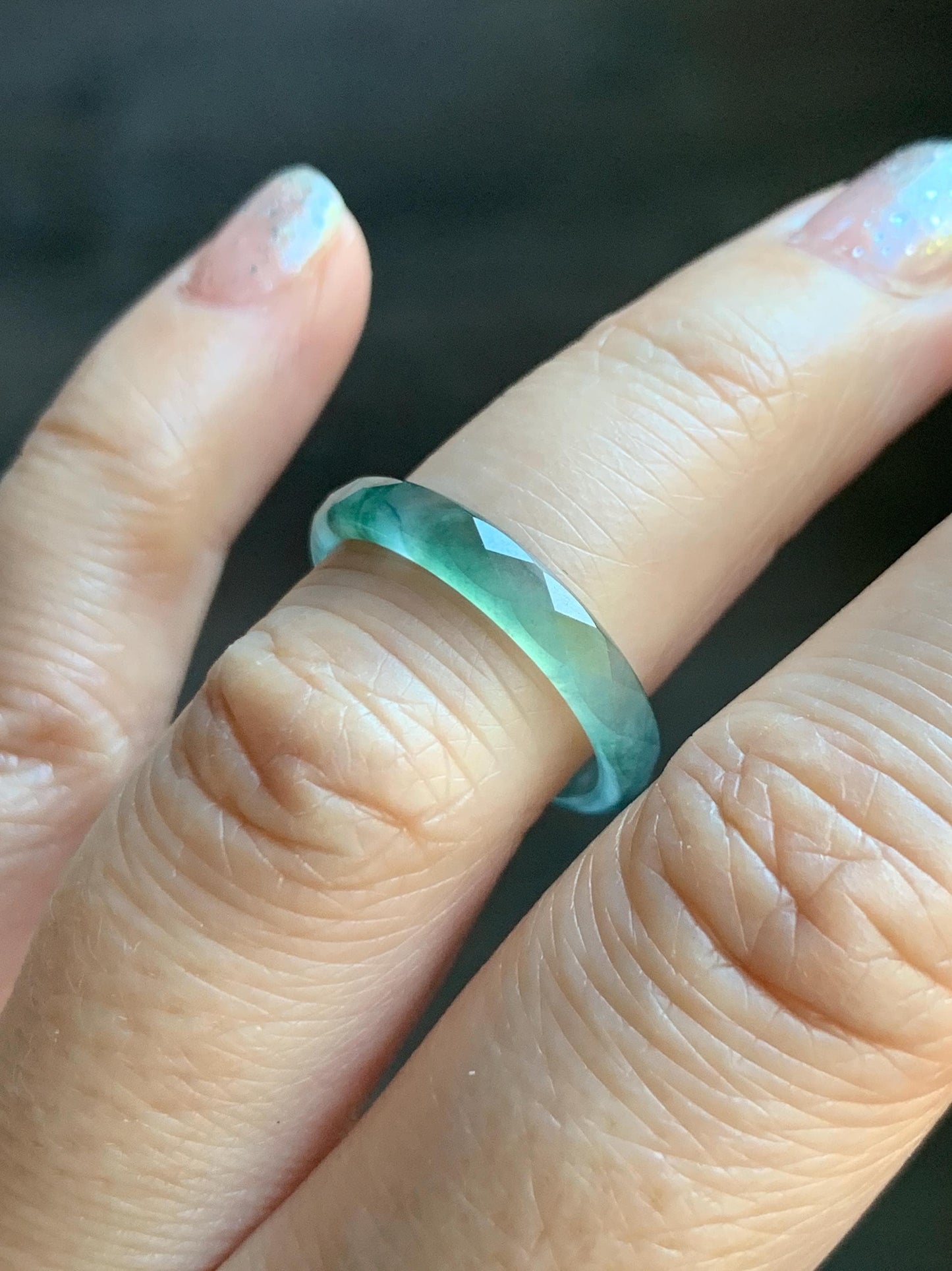 Natural Grade A Guatemalan Icy Highly Translucent Light Teal Green Jade Jadeite Diamond Faceted Band Ring Size 6.5 天然冰危浅绿起光翡翠切割面戒圈 QGW220C