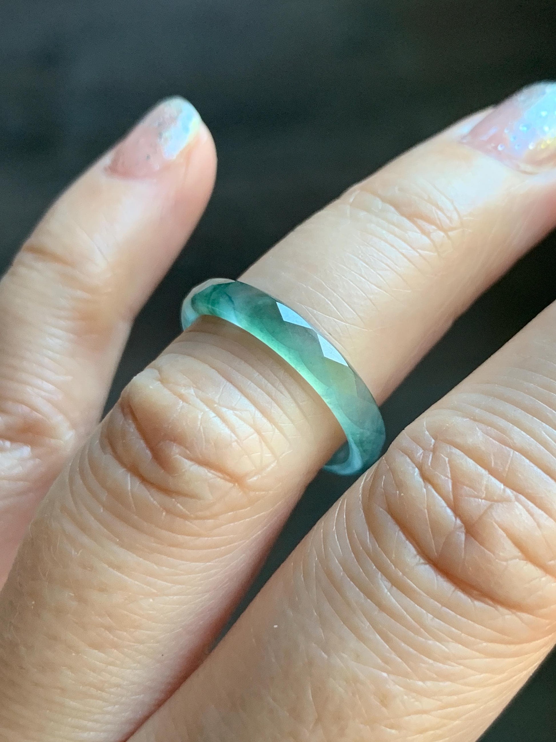 Natural Grade A Guatemalan Icy Highly Translucent Light Teal Green Jade Jadeite Diamond Faceted Band Ring Size 6.5 天然冰危浅绿起光翡翠切割面戒圈 QGW220C