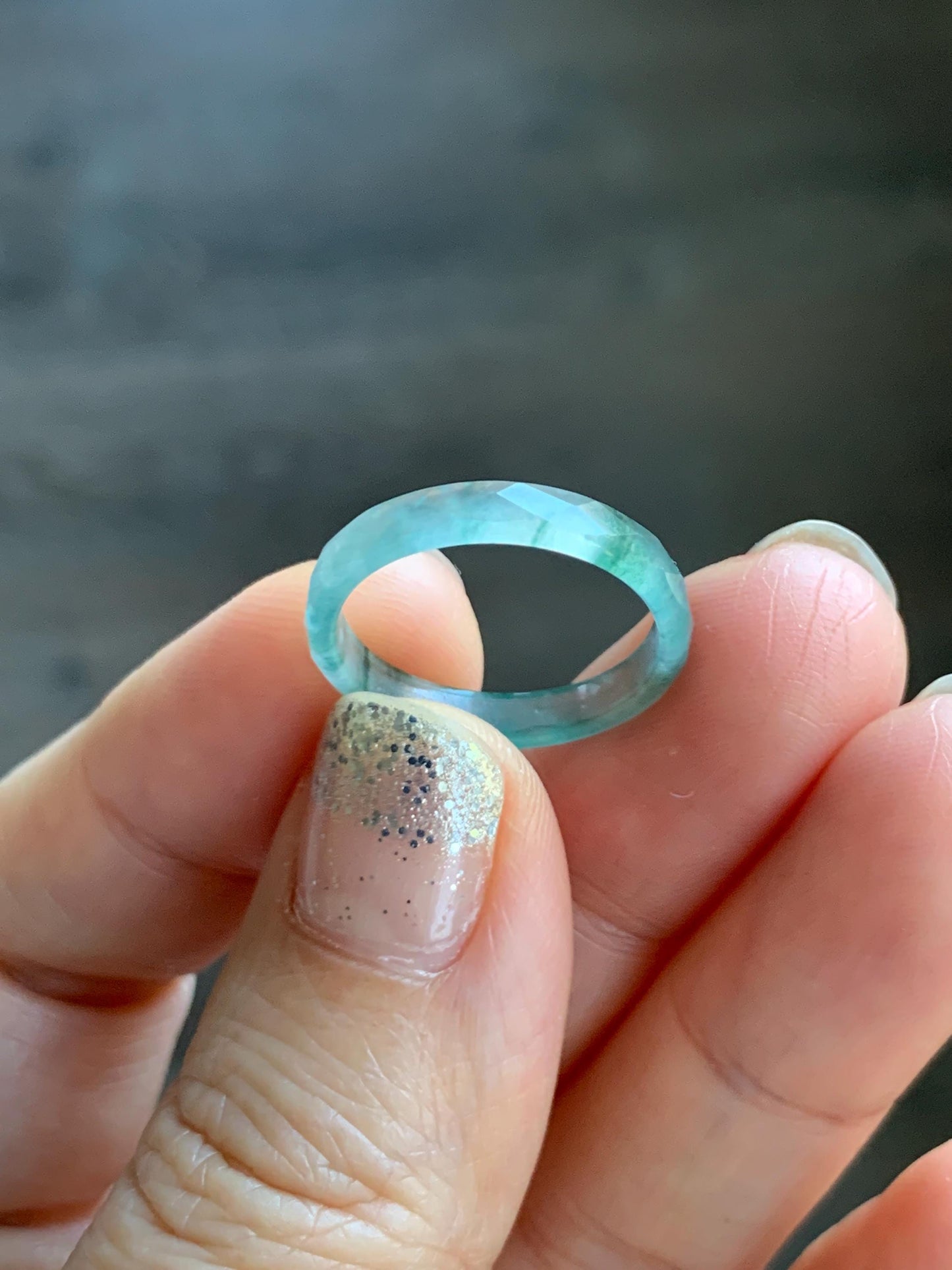 Natural Grade A Guatemalan Icy Highly Translucent Light Teal Green Jade Jadeite Diamond Faceted Band Ring Size 6.5 天然冰危浅绿起光翡翠切割面戒圈 QGW220C