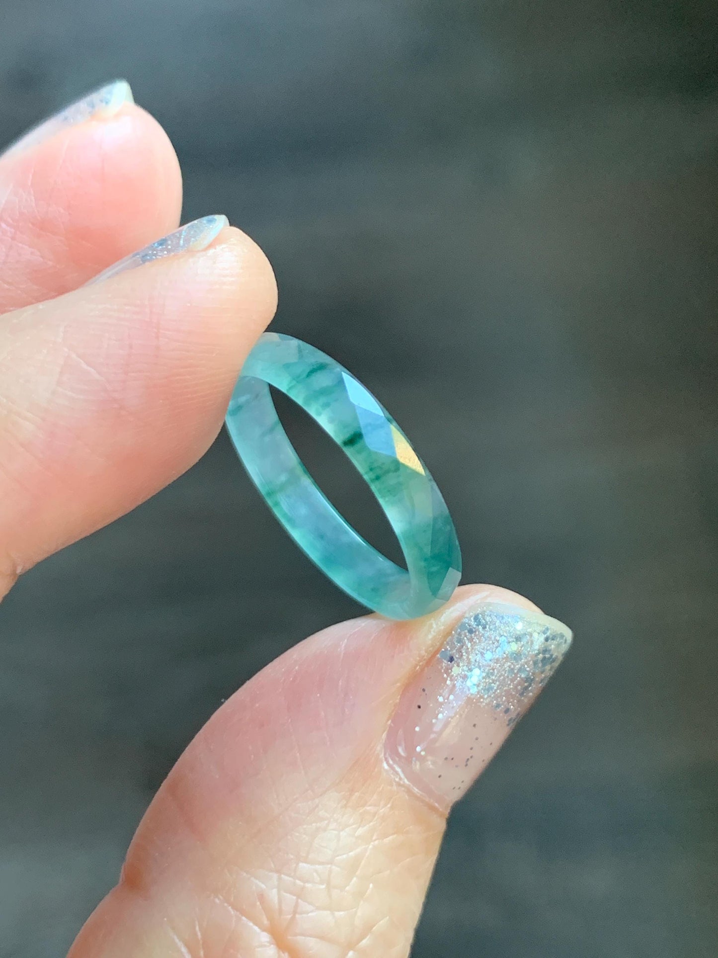Natural Grade A Guatemalan Icy Highly Translucent Light Teal Green Jade Jadeite Diamond Faceted Band Ring Size 6.5 天然冰危浅绿起光翡翠切割面戒圈 QGW220C