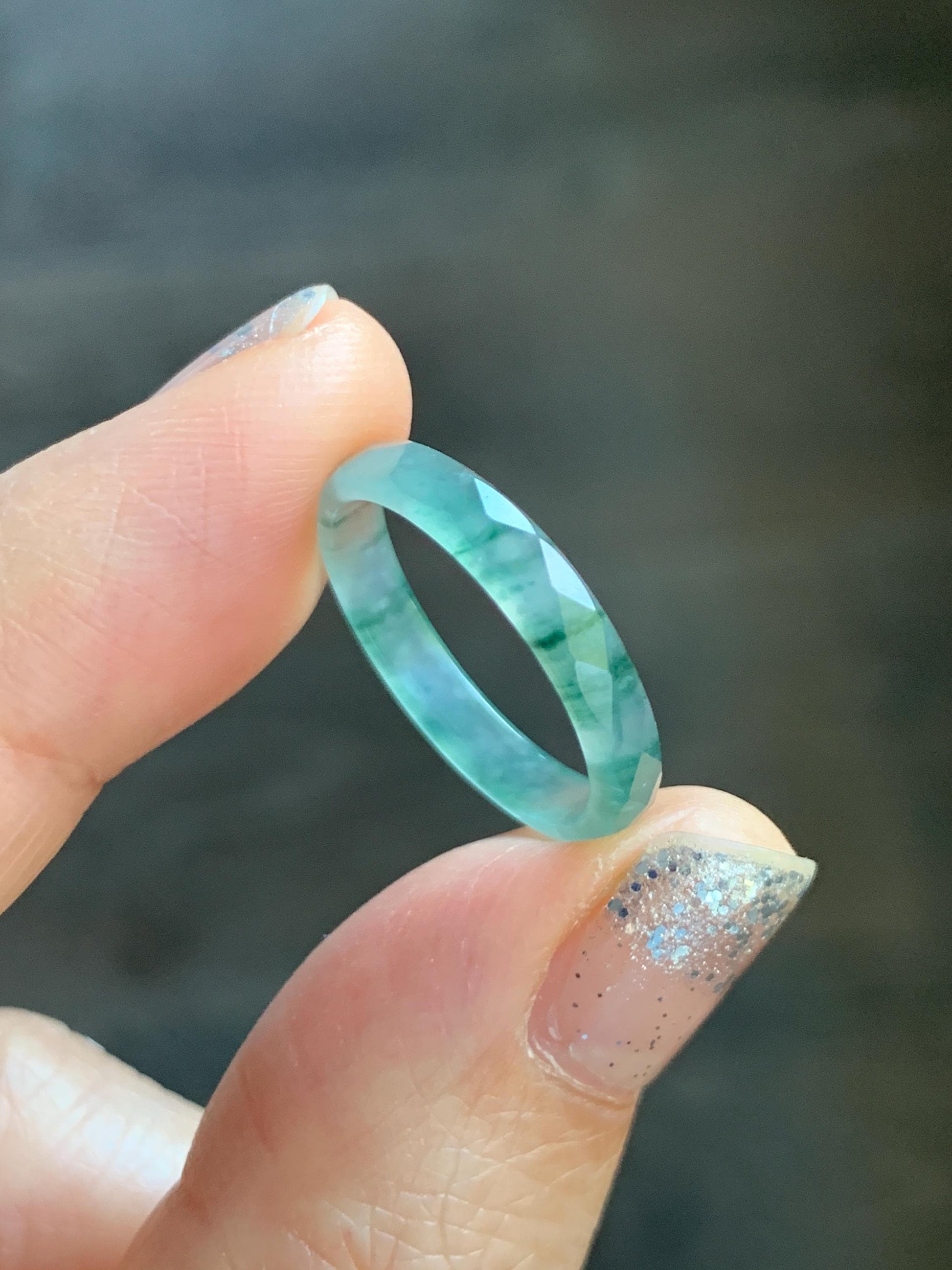 Natural Grade A Guatemalan Icy Highly Translucent Light Teal Green Jade Jadeite Diamond Faceted Band Ring Size 6.5 天然冰危浅绿起光翡翠切割面戒圈 QGW220C