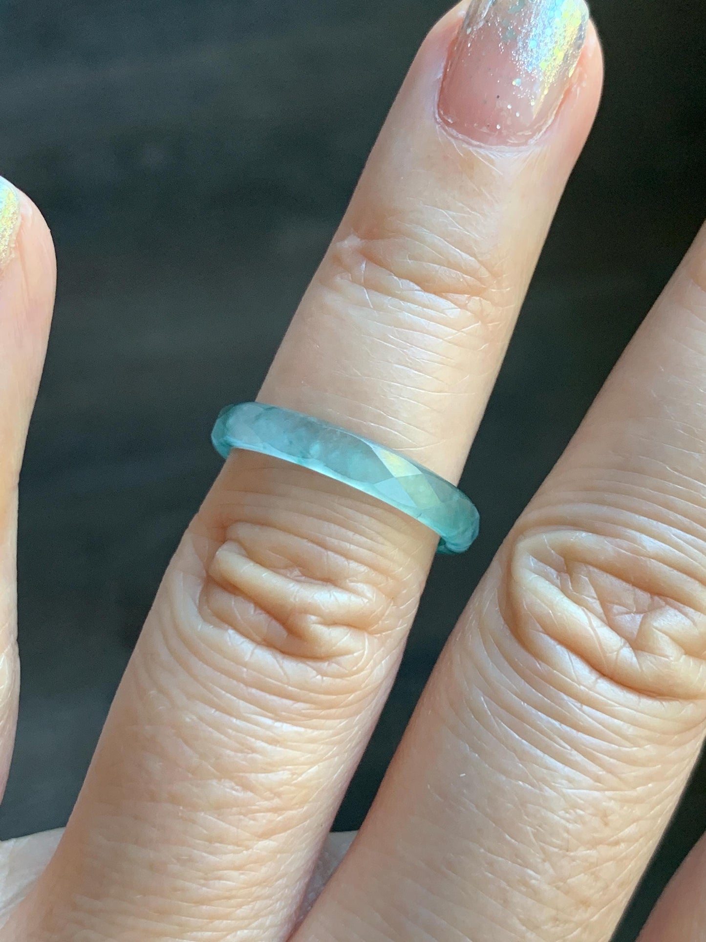 Natural Grade A Guatemalan Icy Highly Translucent Light Teal Green Jade Jadeite Diamond Faceted Band Ring Size 6.5 天然冰危浅绿起光翡翠切割面戒圈 QGW220C