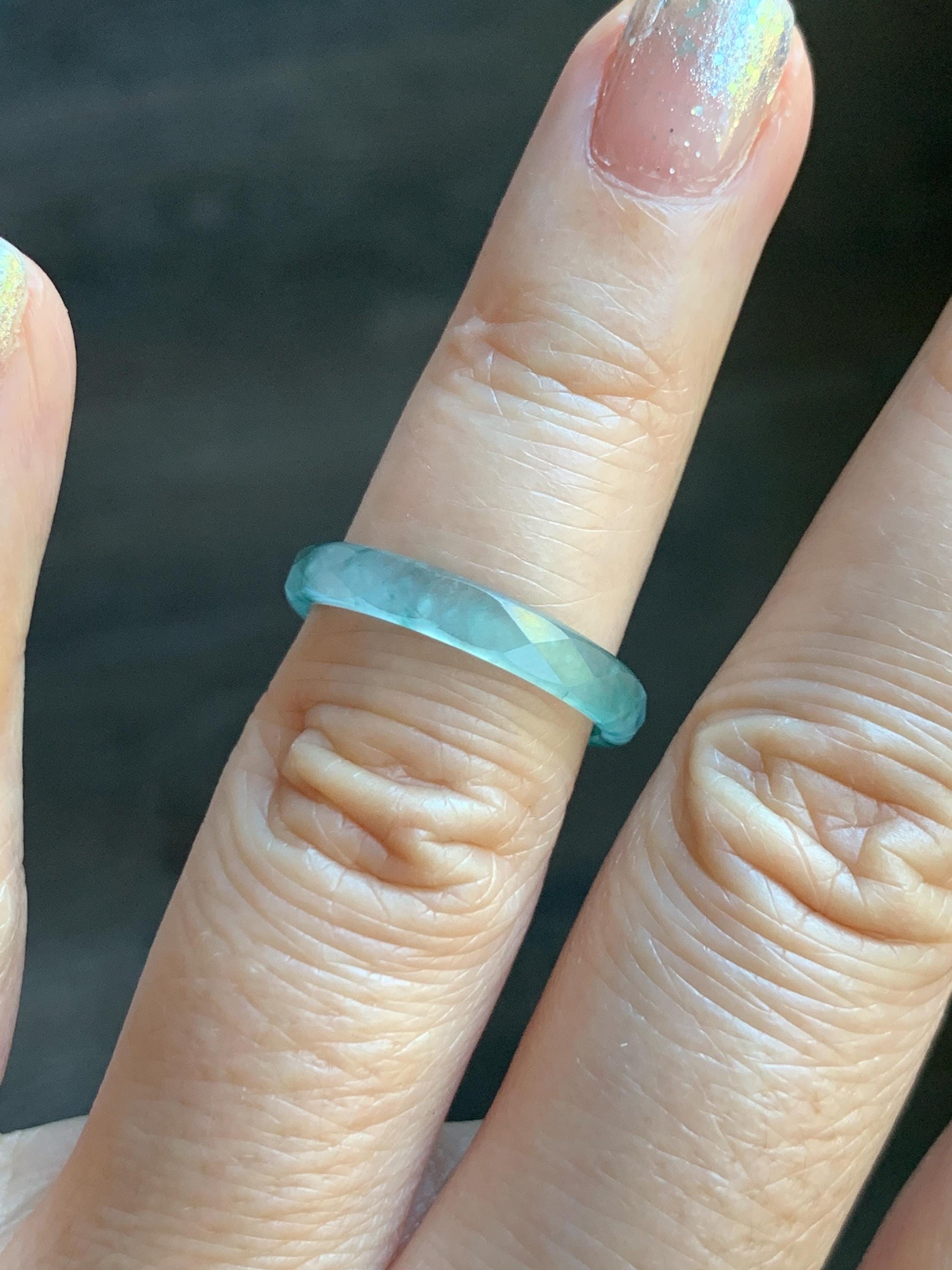 Natural Grade A Guatemalan Icy Highly Translucent Light Teal Green Jade Jadeite Diamond Faceted Band Ring Size 6.5 天然冰危浅绿起光翡翠切割面戒圈 QGW220C