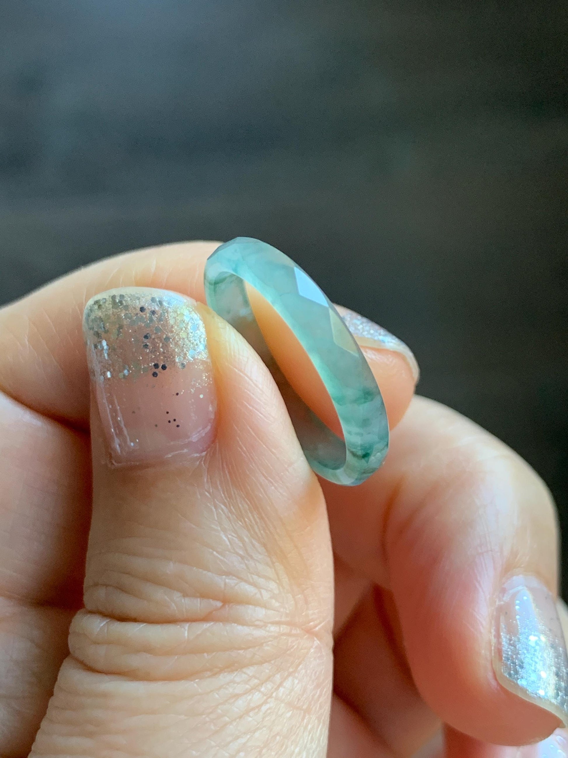 Natural Grade A Guatemalan Icy Highly Translucent Light Teal Green Jade Jadeite Diamond Faceted Band Ring Size 6.5 天然冰危浅绿起光翡翠切割面戒圈 QGW220C